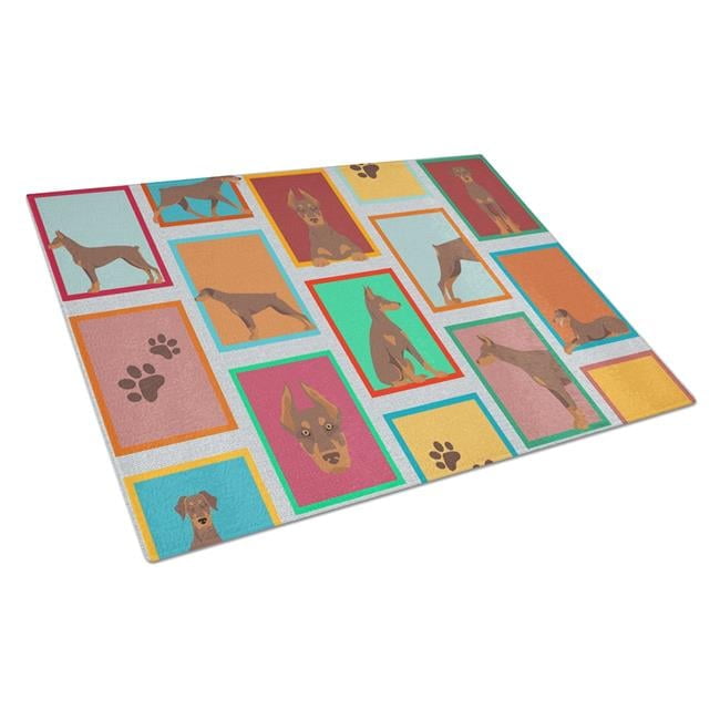 Lots of Red Doberman Pinscher Glass Cutting Board Large 12 in x 15 in
