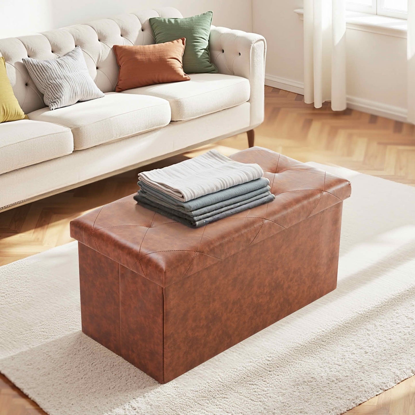 MAYEERTY 30in Foldable Storage Ottoman Foot Rest Stool Synthetic Leather Thicker Foam Seat