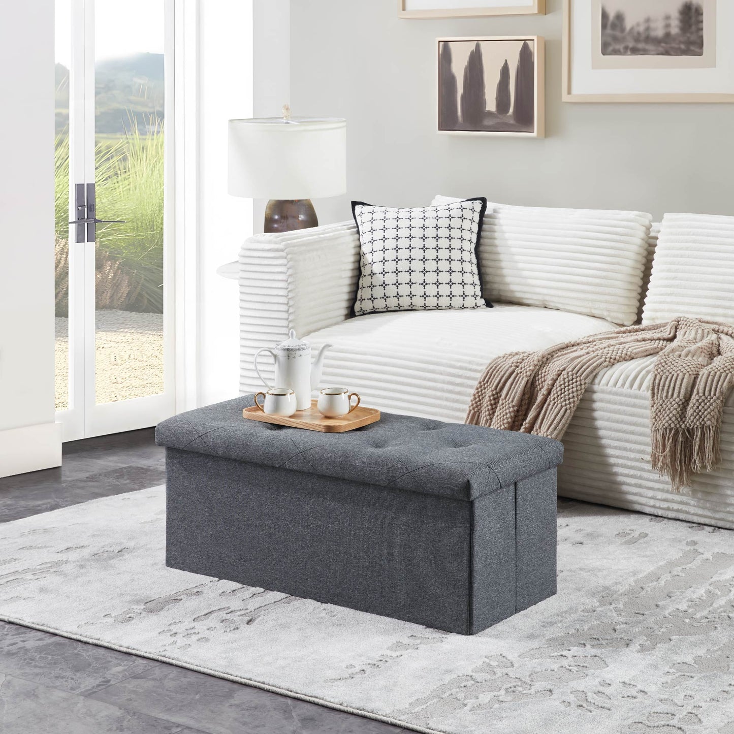 MAYEERTY 35" Folding Storage Ottoman Bench, Upholstered Chest with Lid, Gray