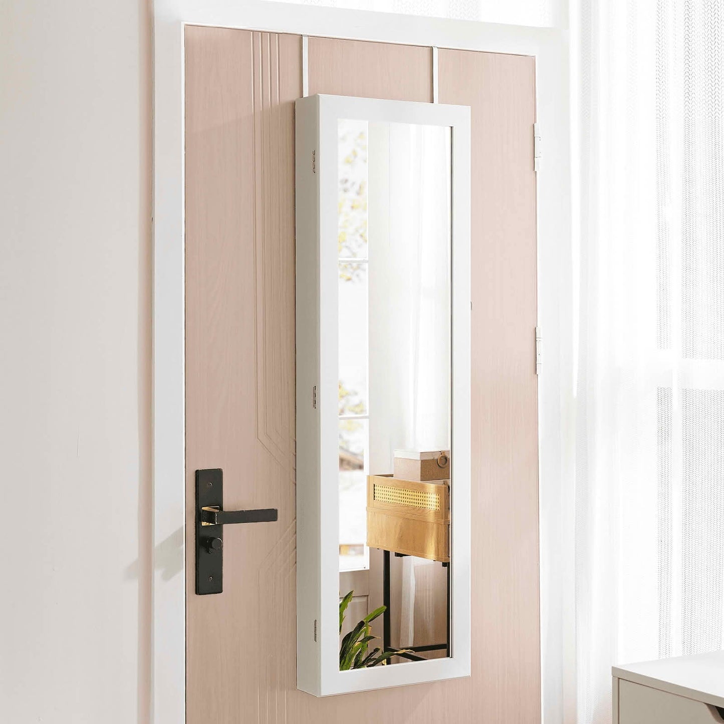 MAYEERTY 47.2'' Wall-Mount/Door-Hanging Jewelry Armoire - Large Capacity, Mirror with 6 LEDs, Lockable Organizer Cabinet