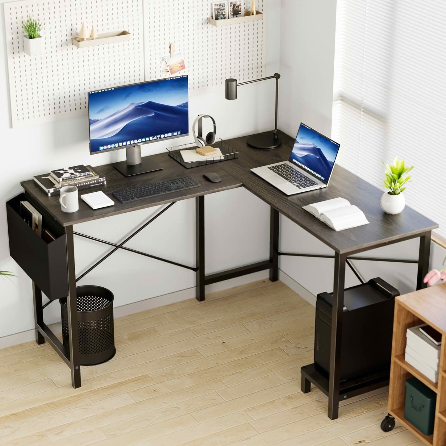 MAYEERTY 49in L-Shaped Computer Desk, CPU Stand Side Bag, Study Writing Workstation, Gray