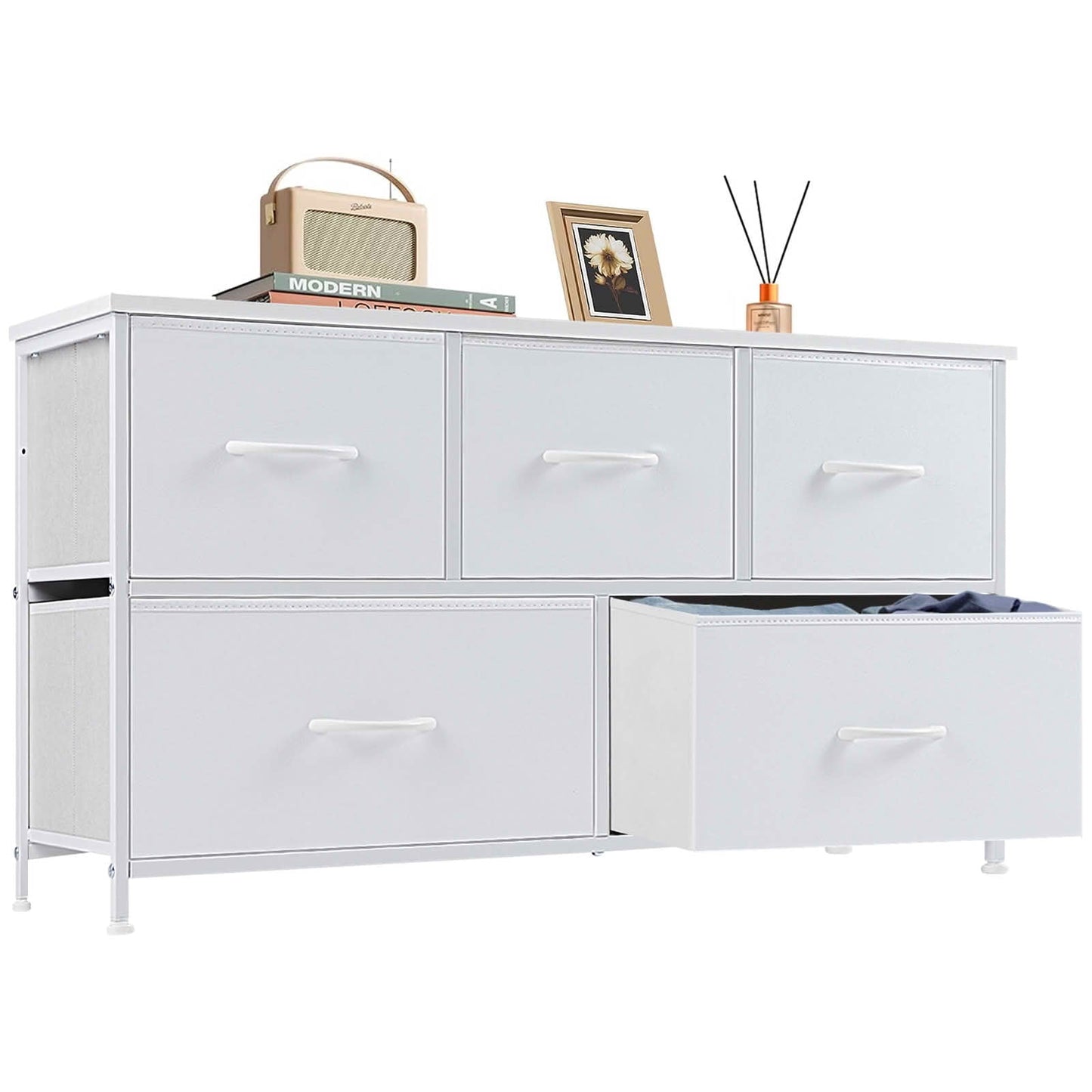 MAYEERTY 5-Drawer Tall Fabric Storage Tower Dresser with Wooden Top, Steel Frame Organizer Cabinet for Nursery Bedroom Closet Entryway