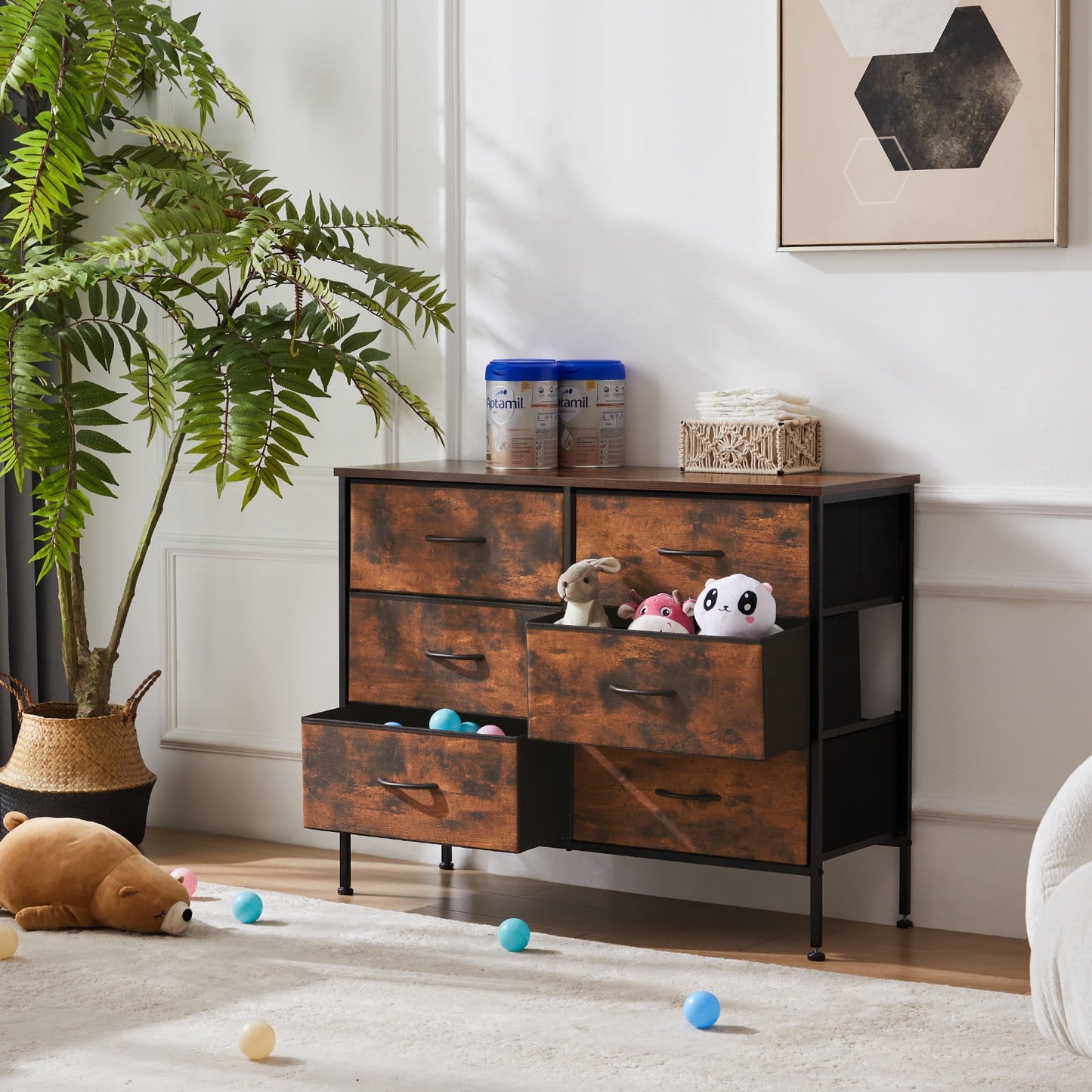 MAYEERTY 6 Drawers Dresser for Bedroom, Fabric Closet Chests Organizer Tower Furniture with Wooden Top, Rustic