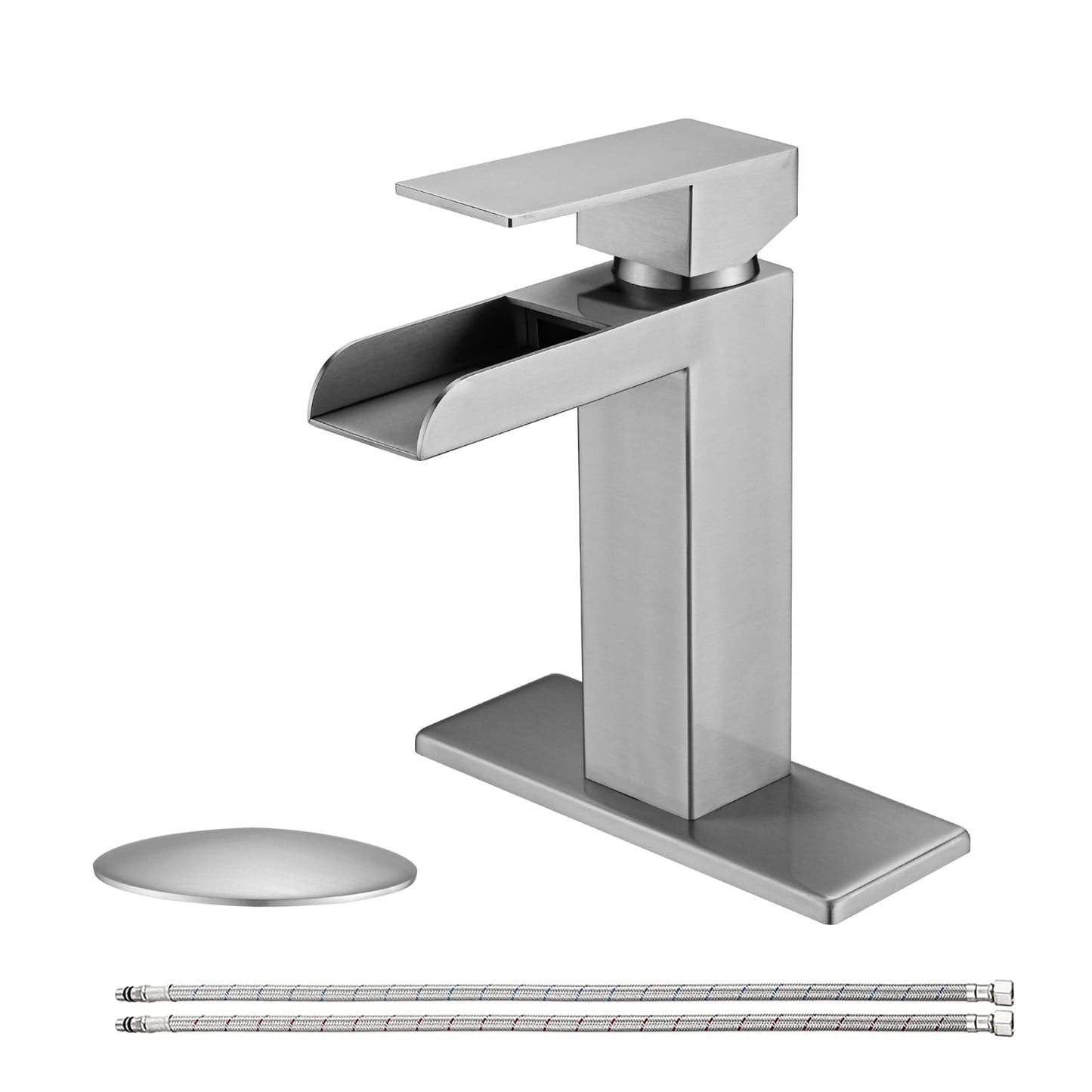 MAYEERTY Brushed Nickel Waterfall Single Handle Bathroom Faucet with Deck Plate & Pop-Up Drain, Brushed Nickel