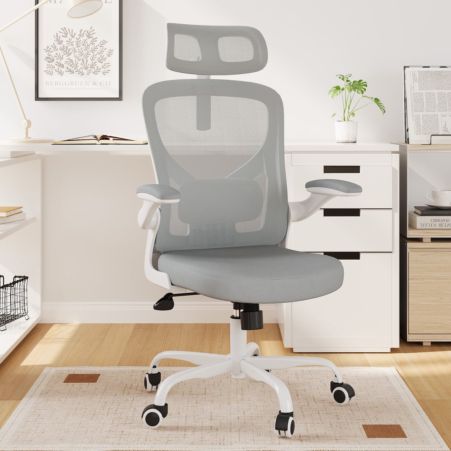 MAYEERTY Ergonomic Home Office Chair with Lumbar Support, Flip-Up Armrests, Headrest for Work & Study,Gray