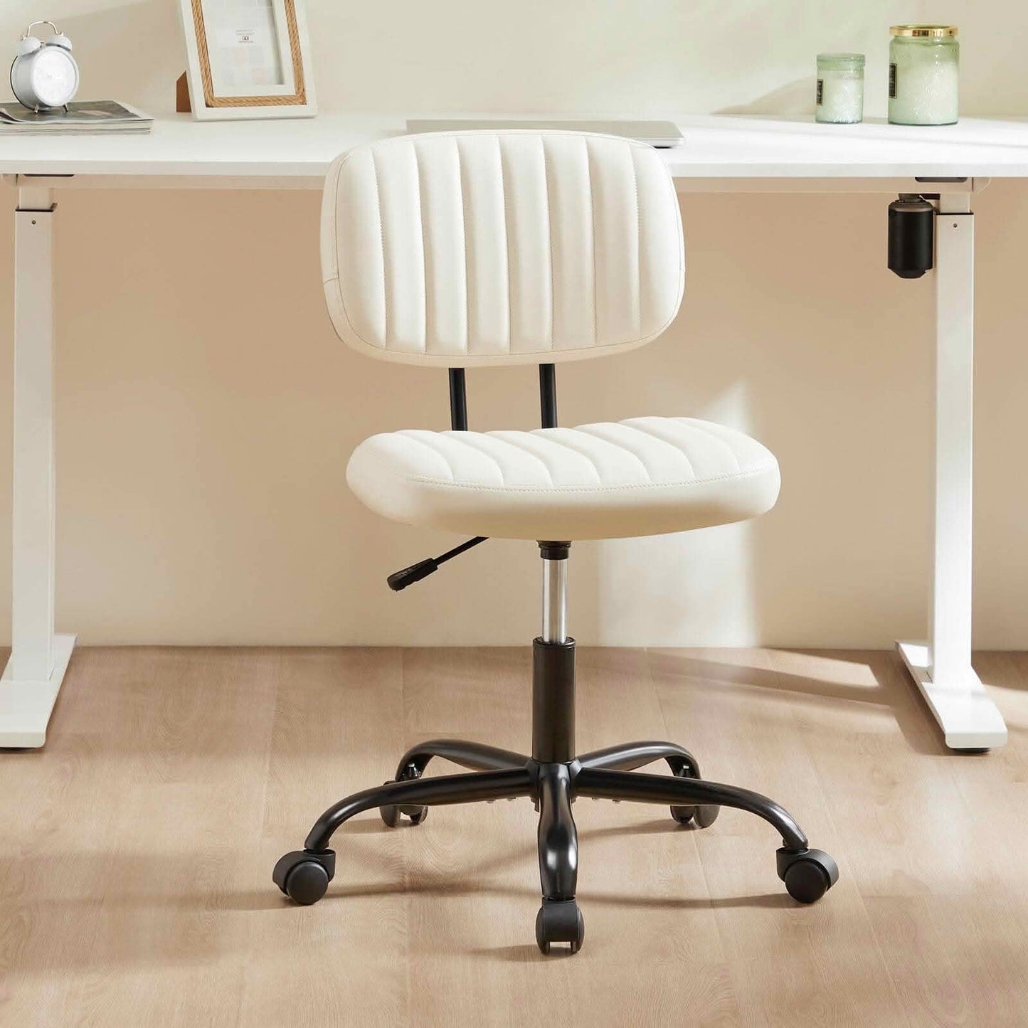 MAYEERTY 360° Swivel Armless Desk Chair, Height Adjustable PU Leather Rolling Computer Task Chair for Bedroom Nail Salon Vanity Room