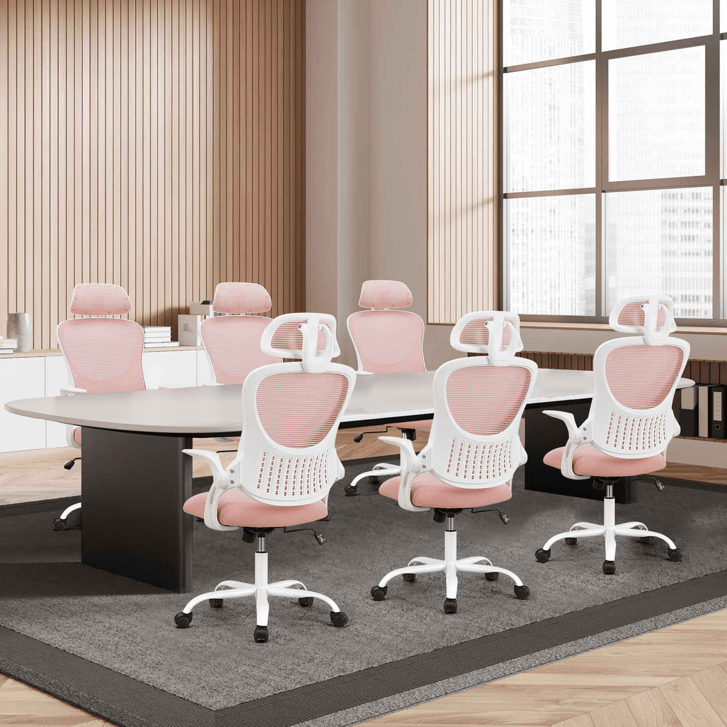MAYEERTY Ergonomic Office Chair, Mesh High Back Adjustable Computer Desk Chair with Headrest, Flip-up Armrests and Wheels, Pink