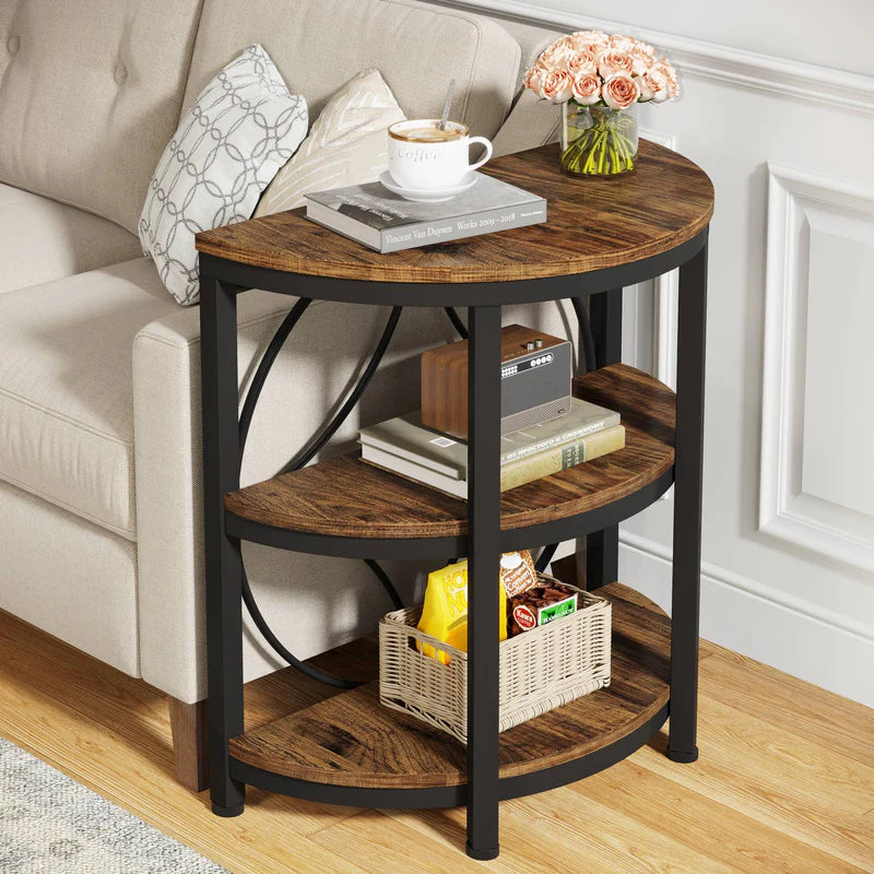 MAYEERTY 3-Tier Half-Round Side Table, Rustic Brown & Black Metal End Table
