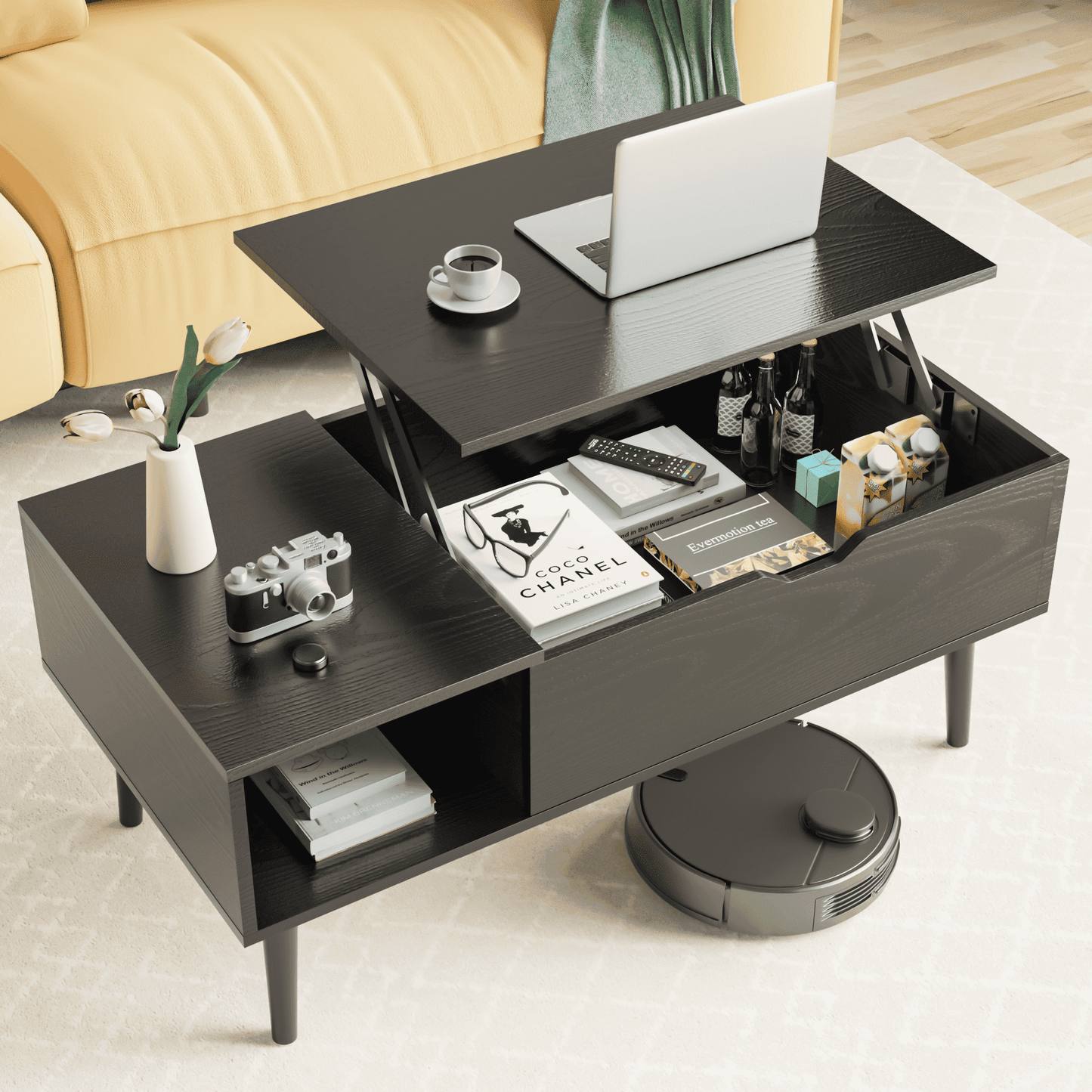 MAYEERTY Lift Tabletop Coffee Tables for Living Room with Storage Shelf and Hidden Compartment