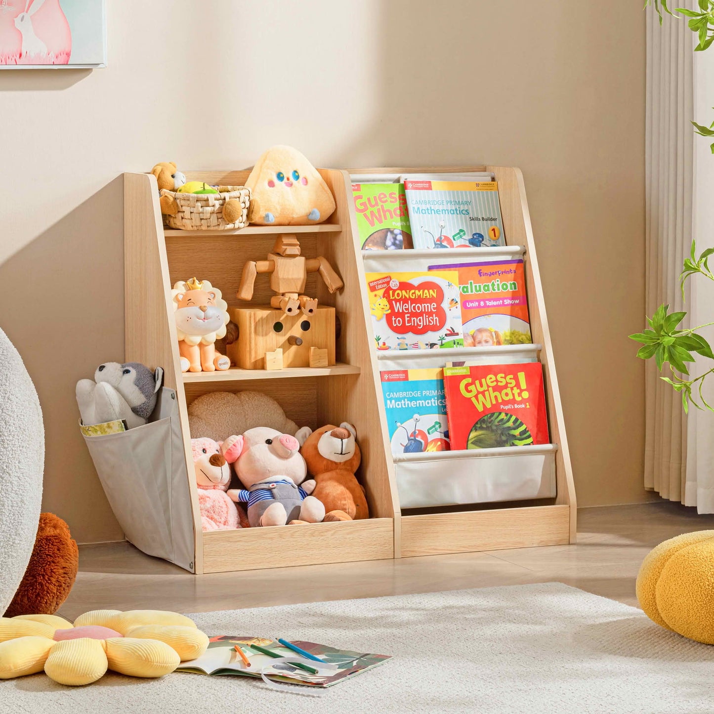MAYEERTY Natural Wood 3-Tier Kids Bookshelf, 3 Sling Pockets + Side Pockets for Bedroom Playroom