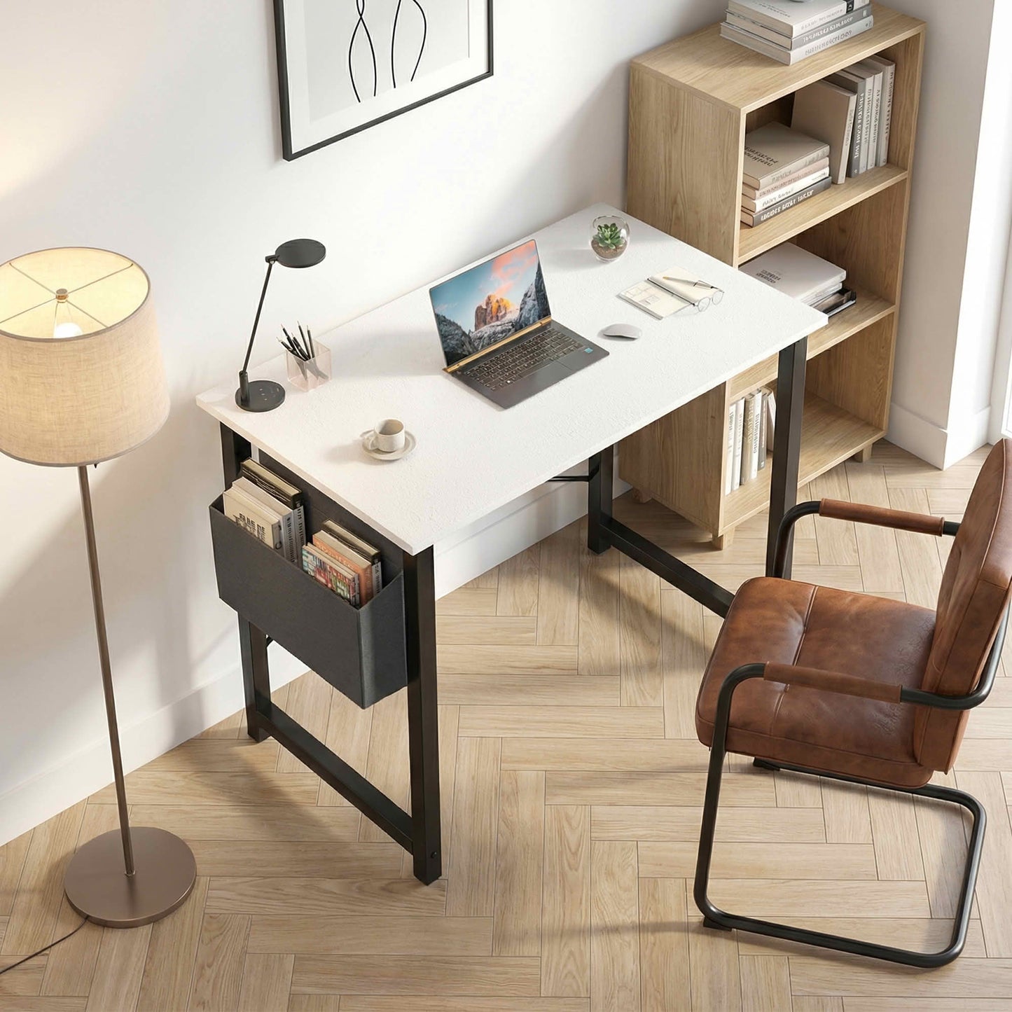 MAYEERTY Office Computer Desk, Fabric Storage Bag, Sturdy Steel Frame & Wooden Tabletop