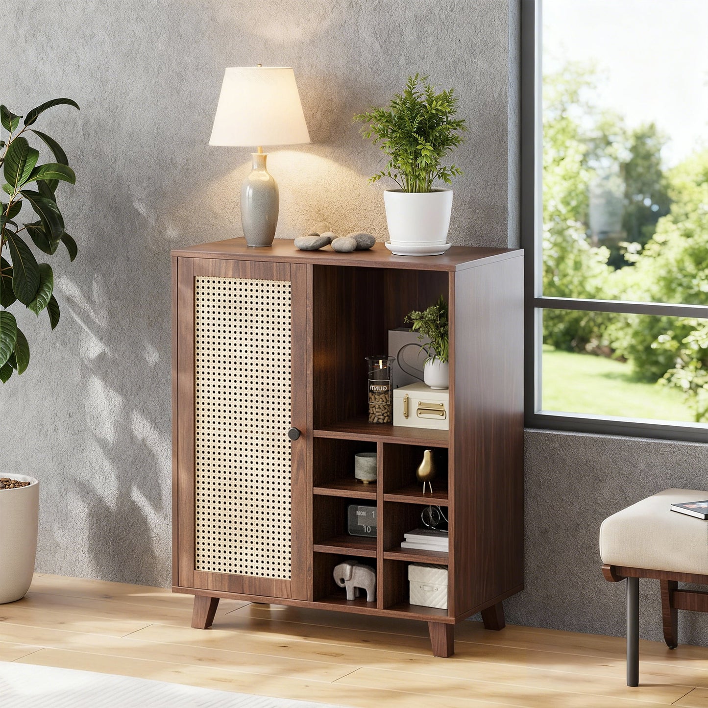 MAYEERTY Rattan Sideboard Cabinet with Wine Racks, Versatile Storage for Kitchen & Entryway, Walnut