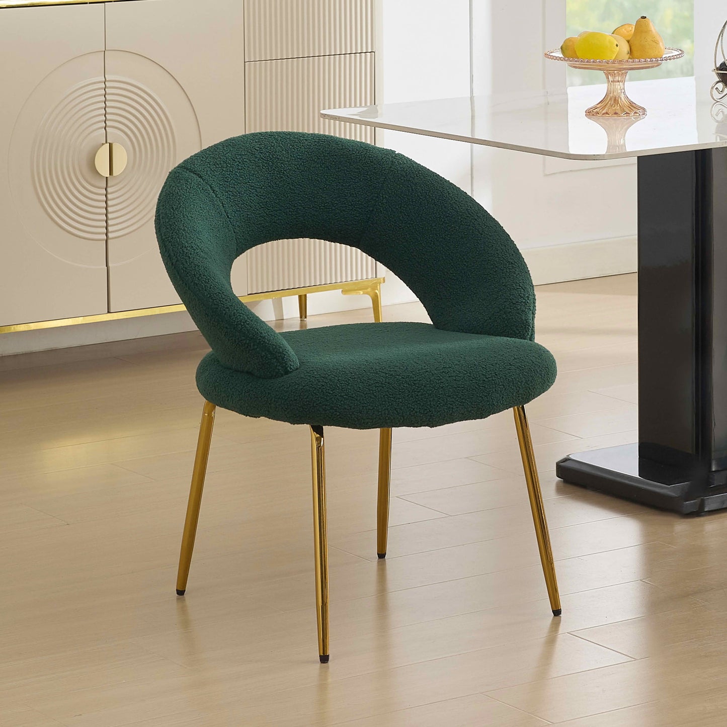 MAYEERTY Set of 1 Teddy Fabric Dining Chair, Curved Backrest & Golden Metal Legs, for Kitchen & Dining Room, Green