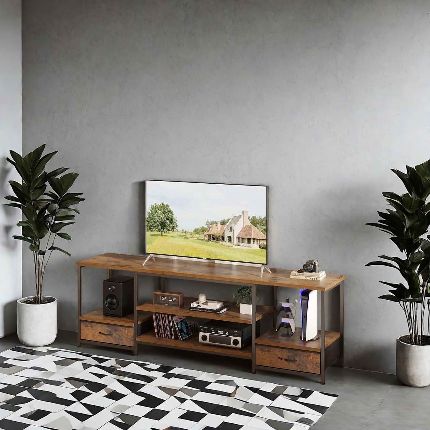MAYEERTY TV Stand with 2 Fabric Drawers & Built-in Outlet, Media Console for Living Room Bedroom