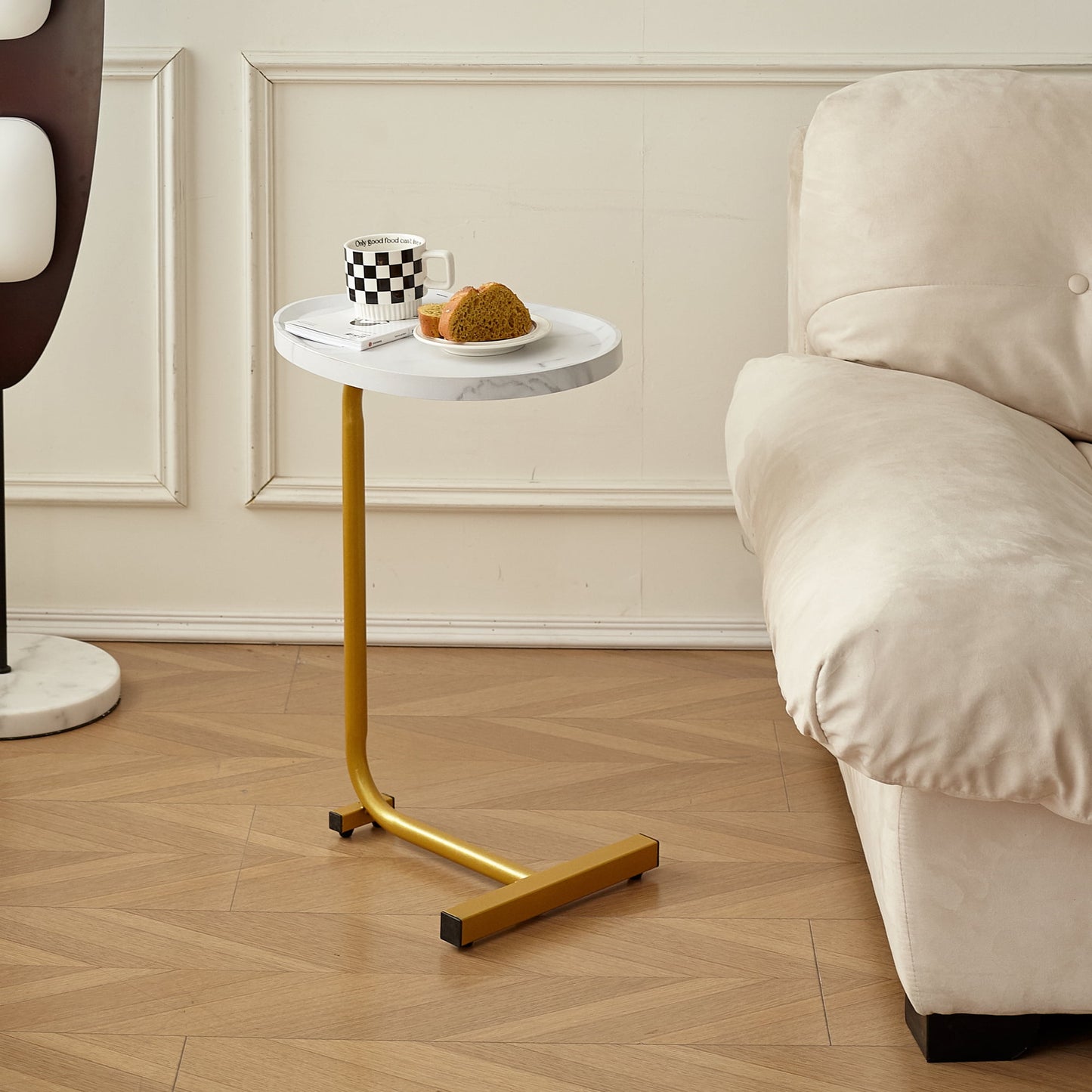 MAYEERTY White C-shaped Side Table, Small Sofa Table for Cough, Bederoom