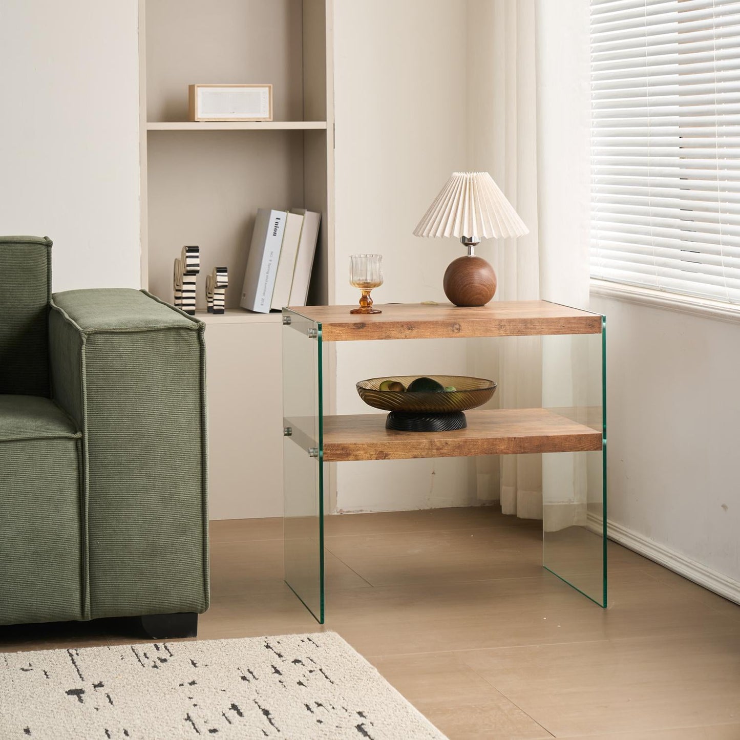 MDF Side Table, Small Tea Table and Walnut Night Stand with Premium Tempered Glass Top, Multi-Purpose Sofa Table for Snacks Coffee Books Decor, Waterproof and Easy to Clean, No Assembly Required
