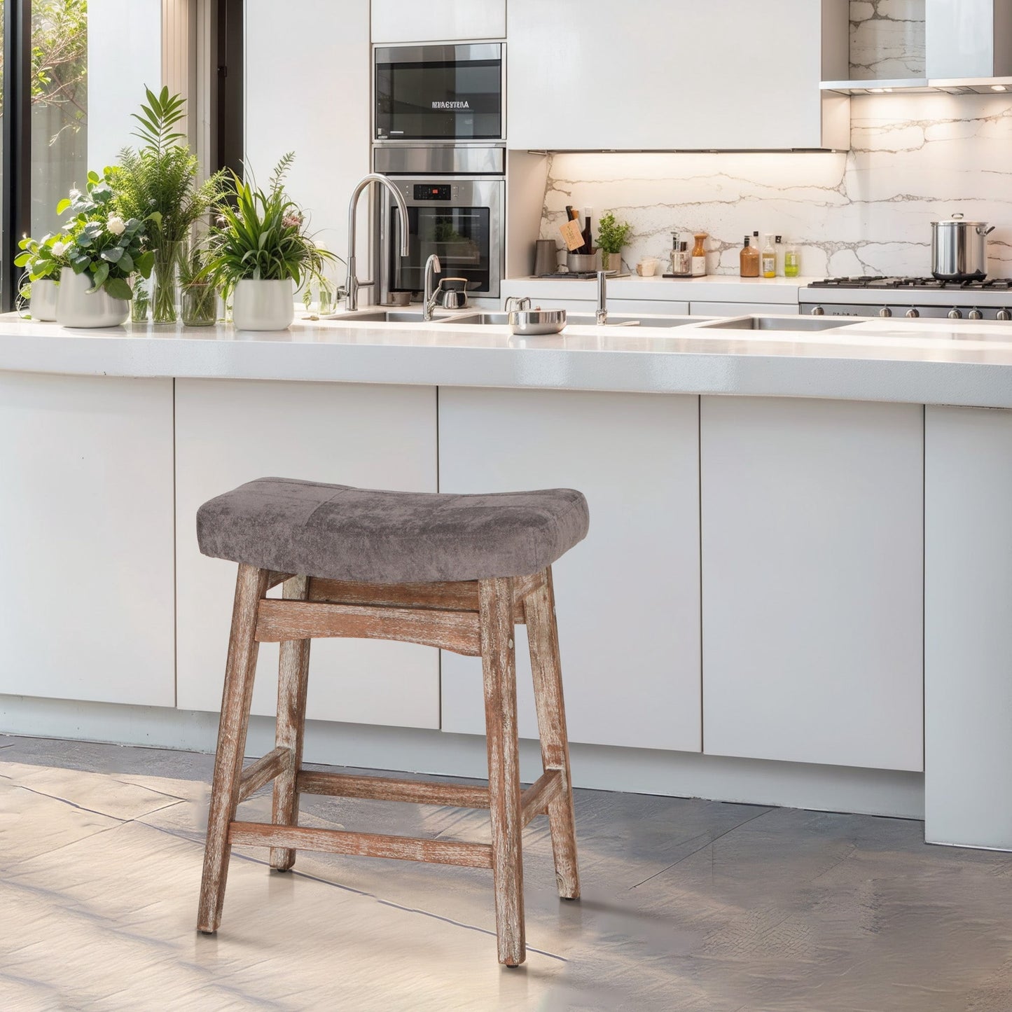 MF Studio 24" Counter Height Bar Stool, Upholstered Saddle Seat with Solid Wood Legs, Gray