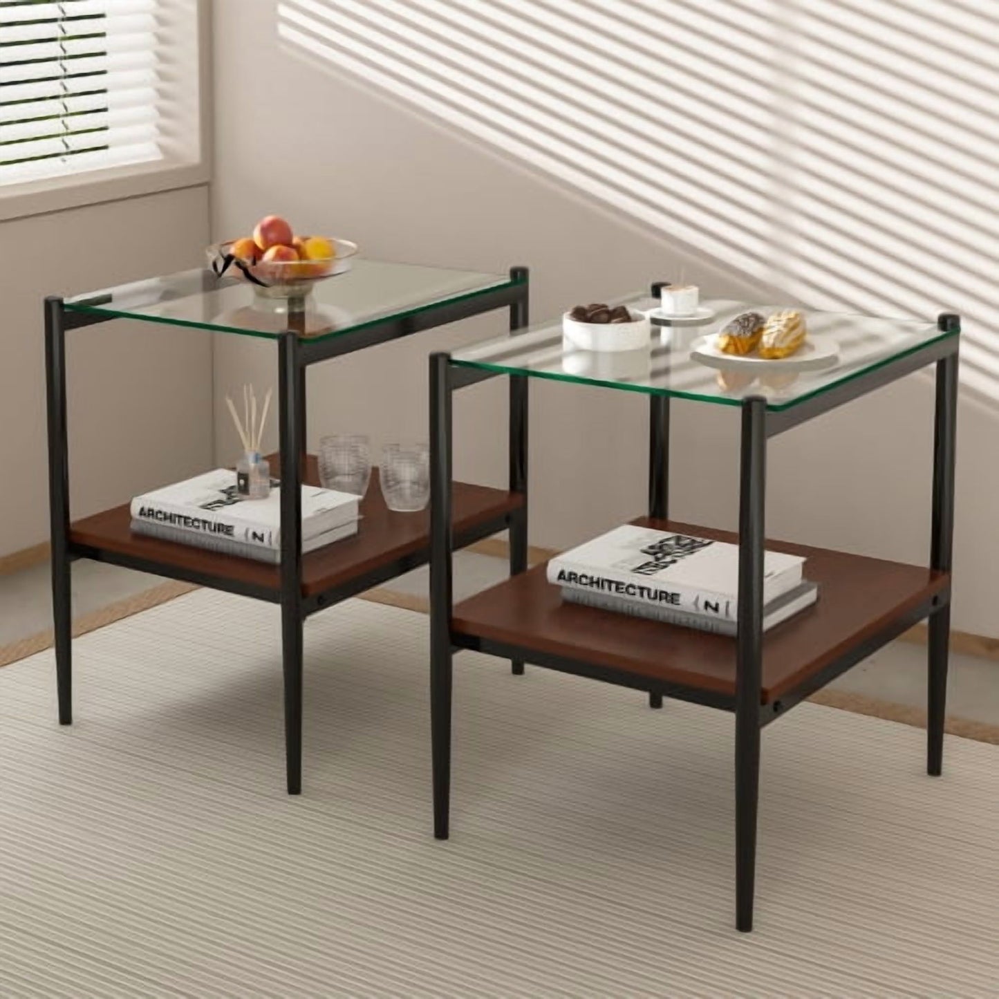 MOONMISS 2 Pack Rectangle End Table, Tempered Glass Top Side Table with MDF Frame, Modern Transparent Glass Accent Table for Living Room, Bedroom, Home Decor, Brown