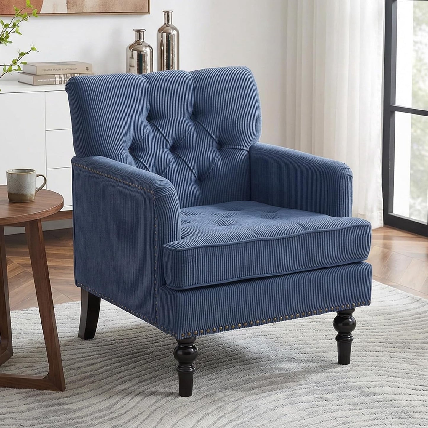 MOONMISS 26.4" Wide Accent Chair,tufted Club Chair With Linen Fabric,upholstered Button Armchair For Bedroom, Living Room,Blue
