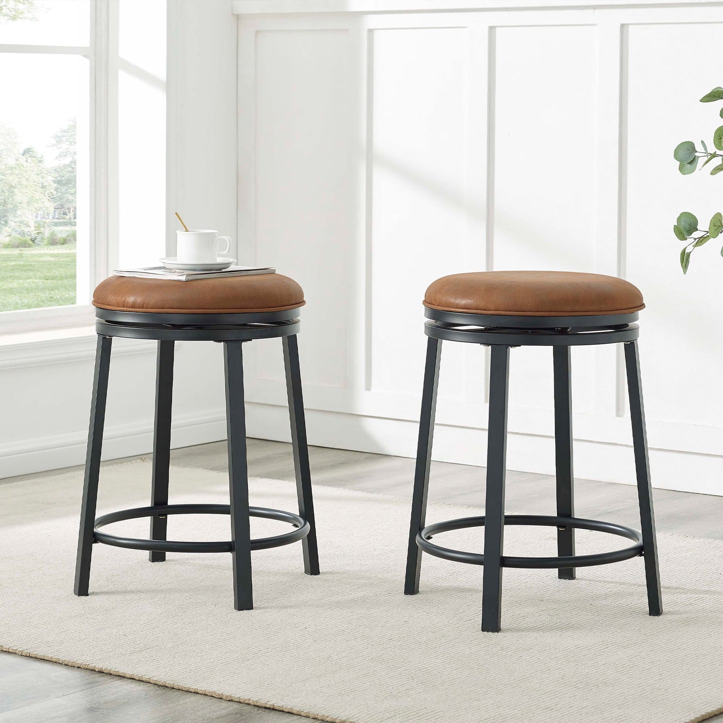 MOONMISS 360° Degree Swivel Bar Stool - Counter Height Metal Frame Stool for Kitchen Island, Home Bar &Cafe(Setof 2),Brown