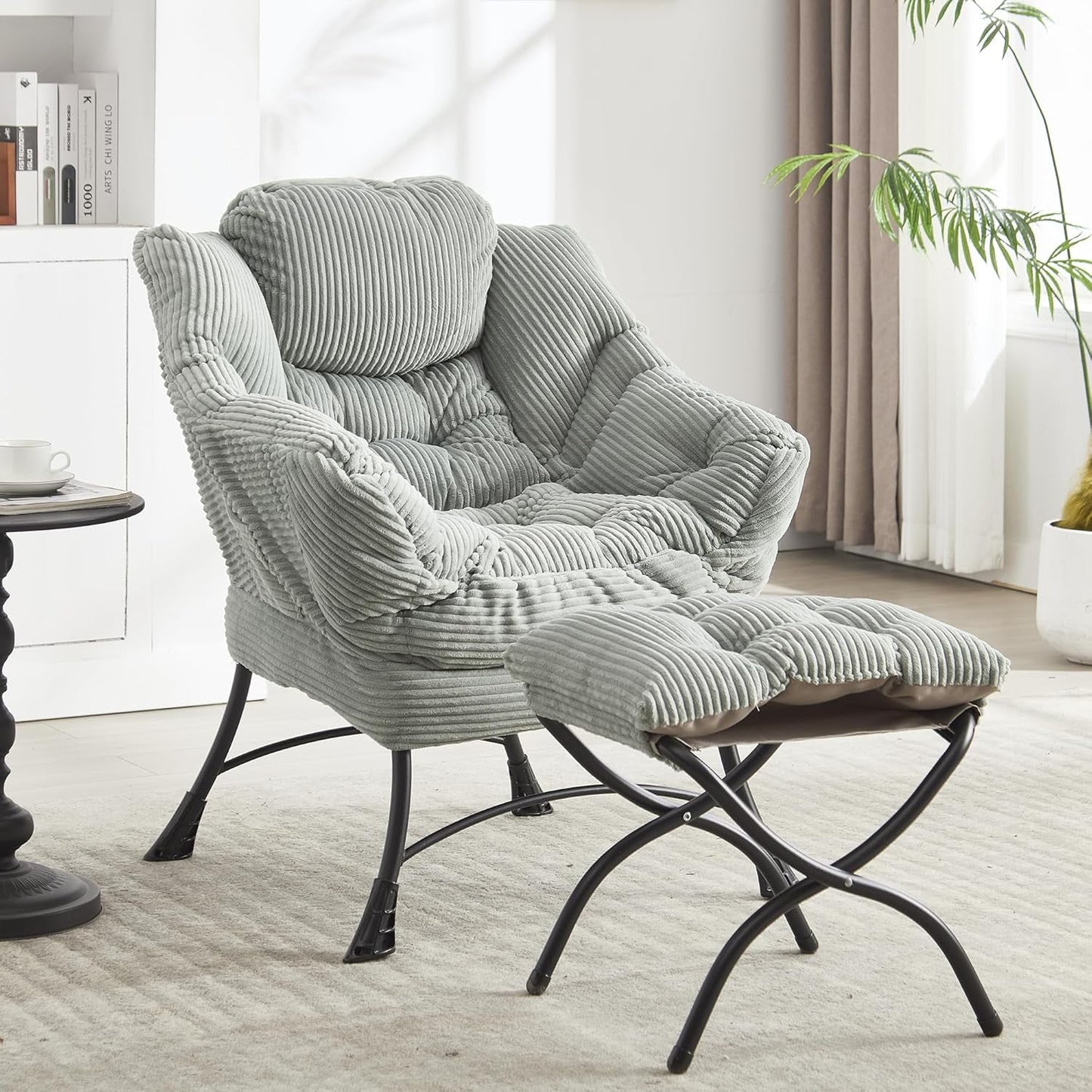 MOONMISS Corduroy Upholstered Oversized Lazy Chair with Folding Ottoman and a Side Pocket-Gray