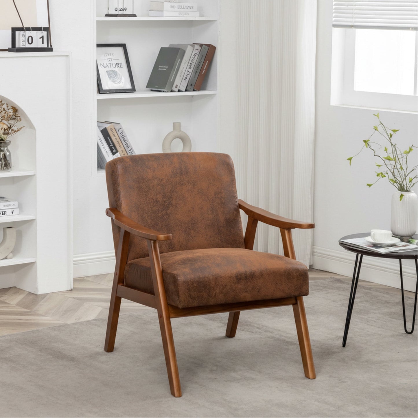 MOONMISS Mid Century Modern Accent Chair Solid Wood Frame Microfiber Living Room,Brown