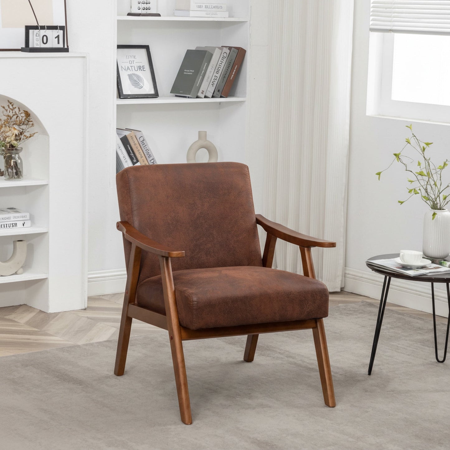 MOONMISS Mid Century Modern Accent Chair Solid Wood Frame Microfiber Living Room,Light Brown