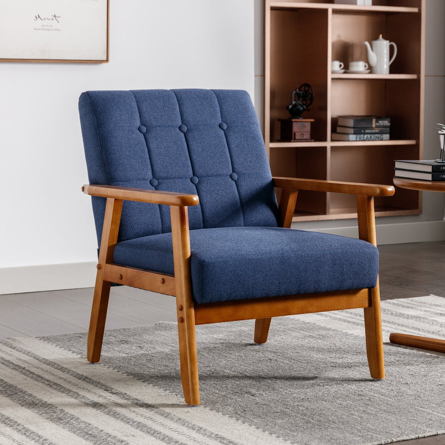 MOONMISS Mid Century Modern Arm Chair with Rubber Wood Frame, Accent Chair with Velvet Upholstery for Living Room Bedroom Reading Room, Easy Assembly,Navy Blue