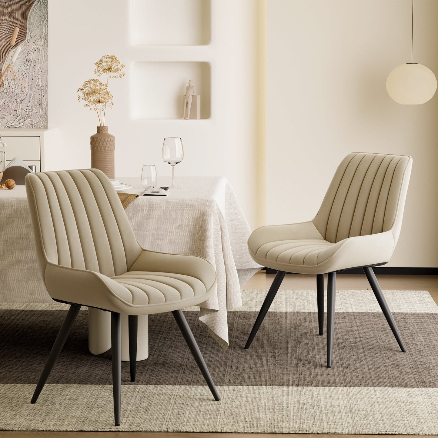 MOONMISS Modern Upholstered Dining Chairs Set of 2, Comfy Kitchen Side Chairs with Thick Cushions & Metal Legs, Beige