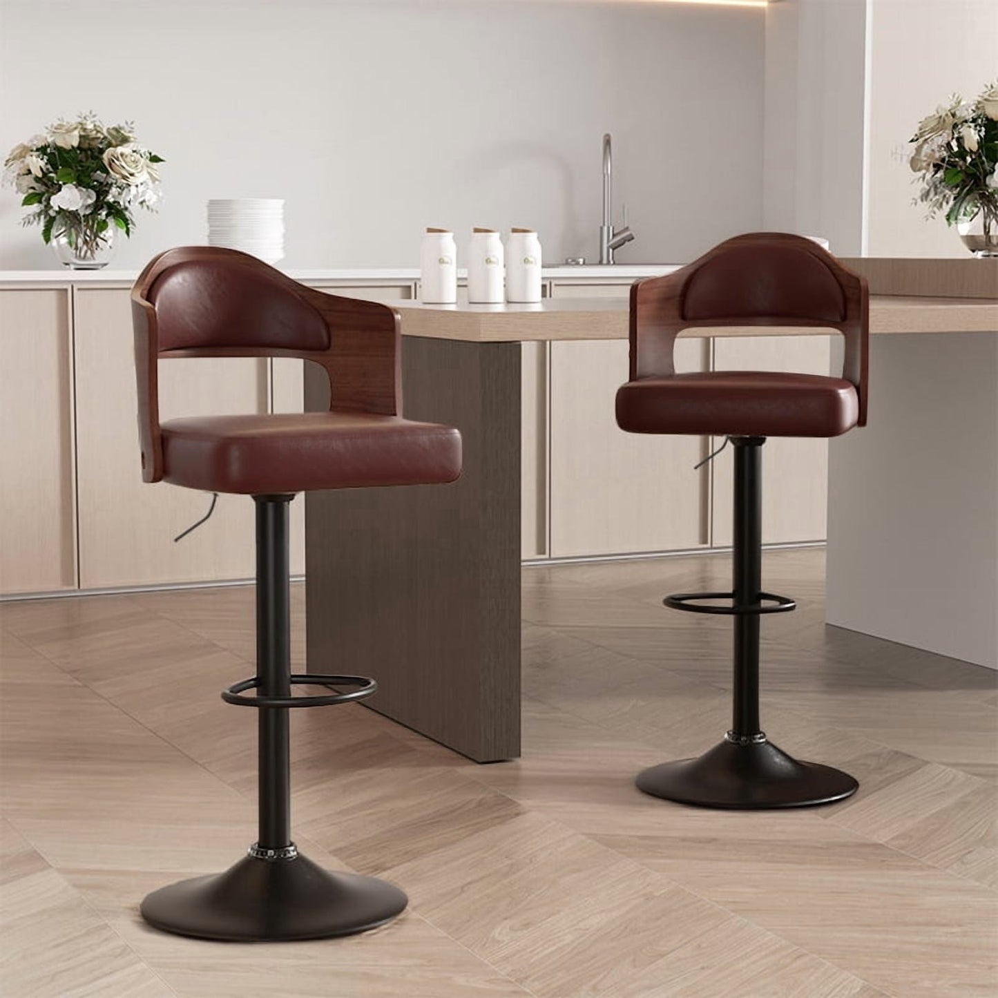 MOONMISS Swivel Bar Stools Set of 2, Wooden Kitchen Bar Chairs with Back, PU Leather Counter Height Barstools for Kitchen Island,