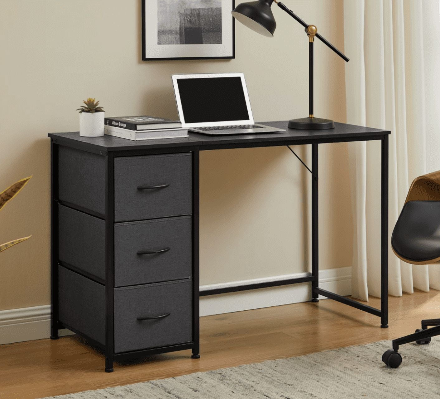 Mainstays 47-Inch Computer Desk With Three Grey Fabric Drawers, Home Office Writing Desk