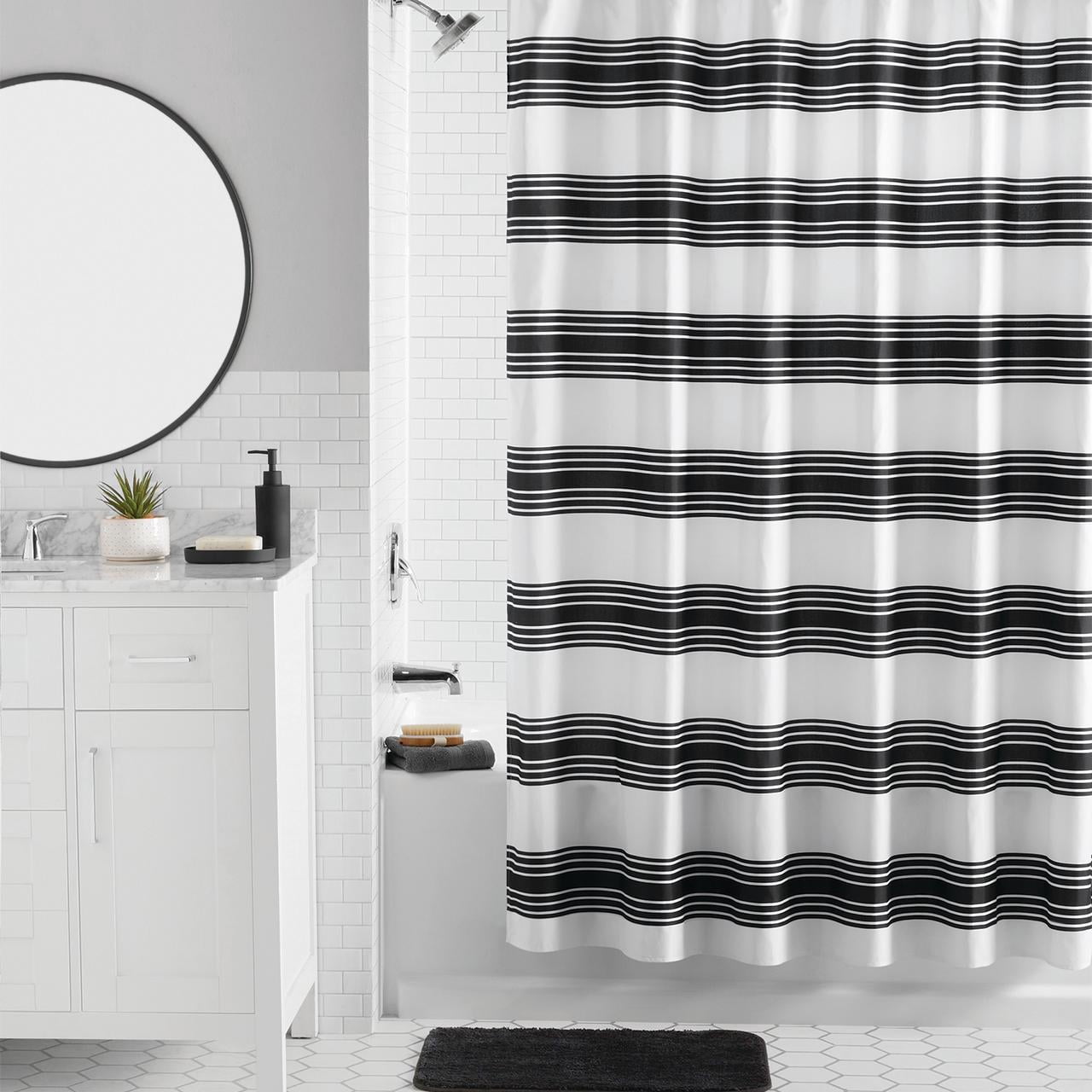 Mainstays 16-Piece Black Stripe Shower Curtain Bathroom Set – Fabric Curtain with Rug, Hooks, Soap Dispenser & Tray