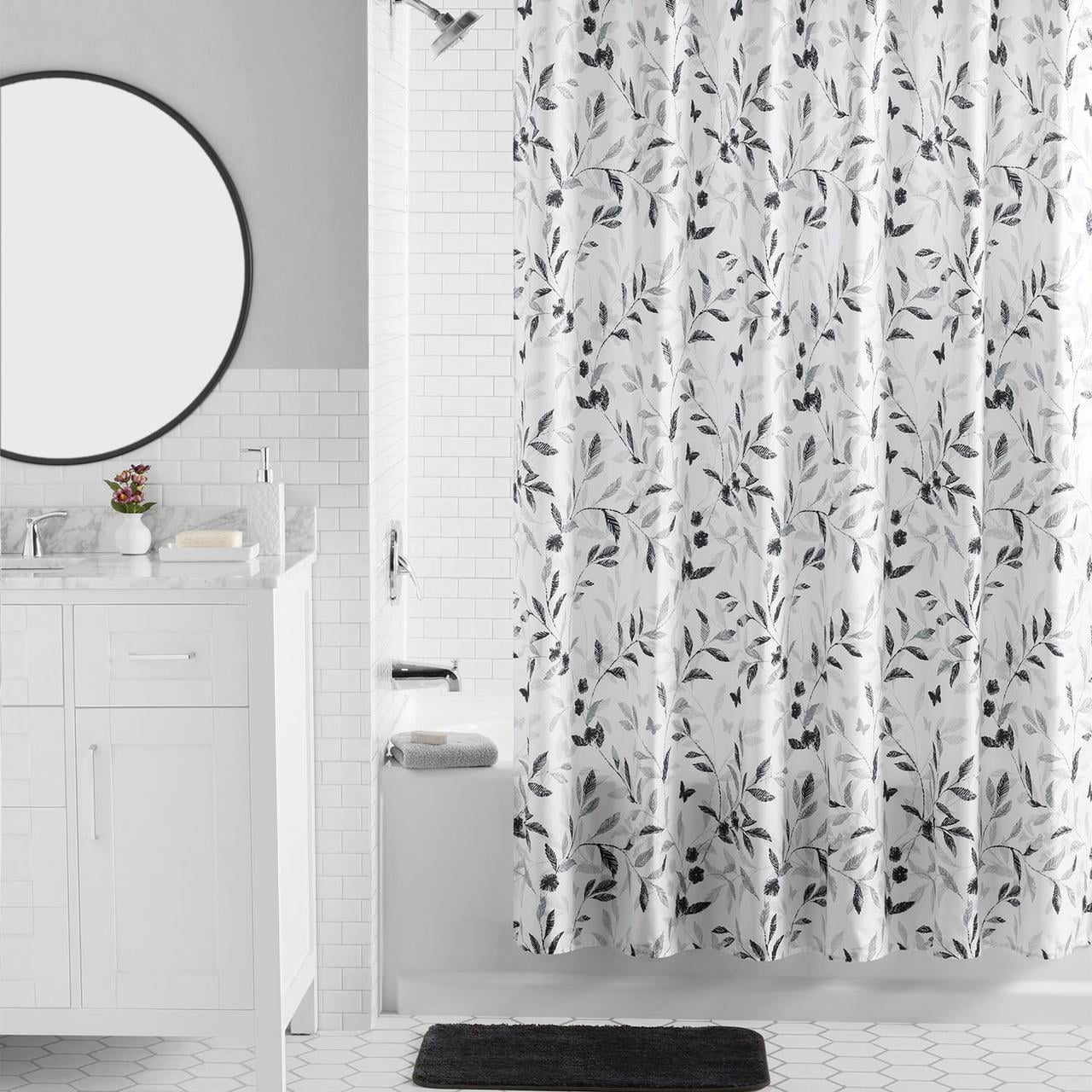 Mainstays 16-Piece Black and White Botanical Shower Curtain Bathroom Set – Fabric Curtain with Rug, Hooks, Soap Dispenser & Tray