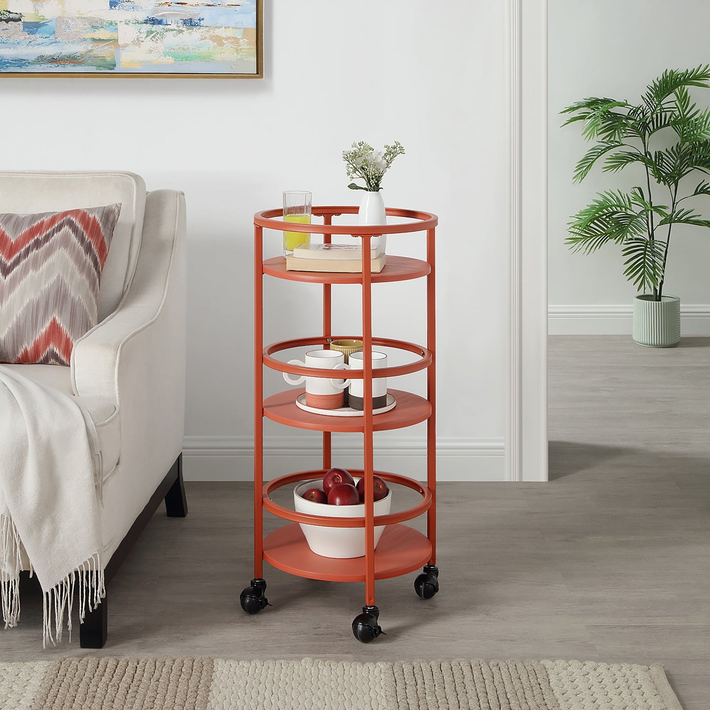 Mainstays 32" 3-Tier Rolling Round Kitchen Storage Bar Cart, Red