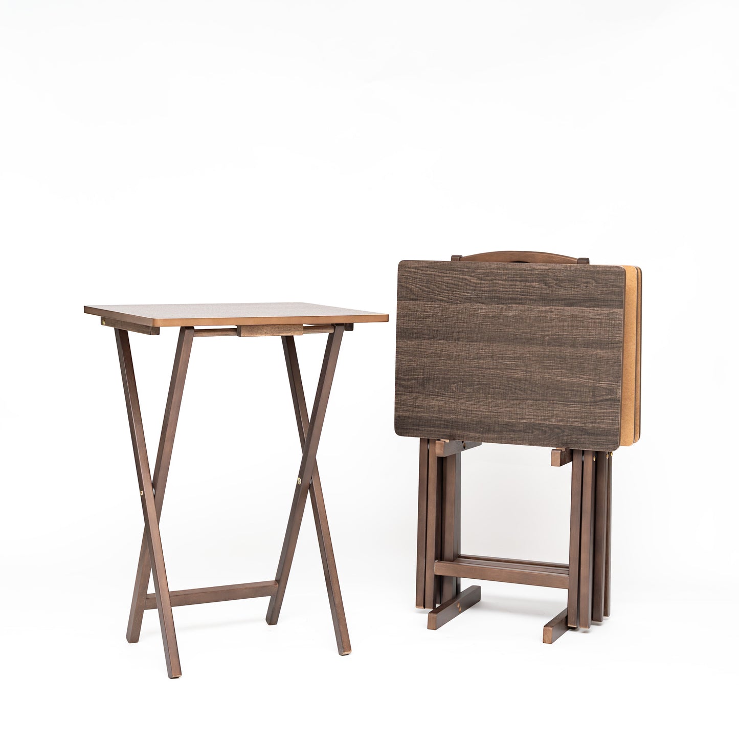 Mainstays 5-Piece Rubberwood Folding TV Tray Table Set of 4 with Storage Rack, Rustic Espresso