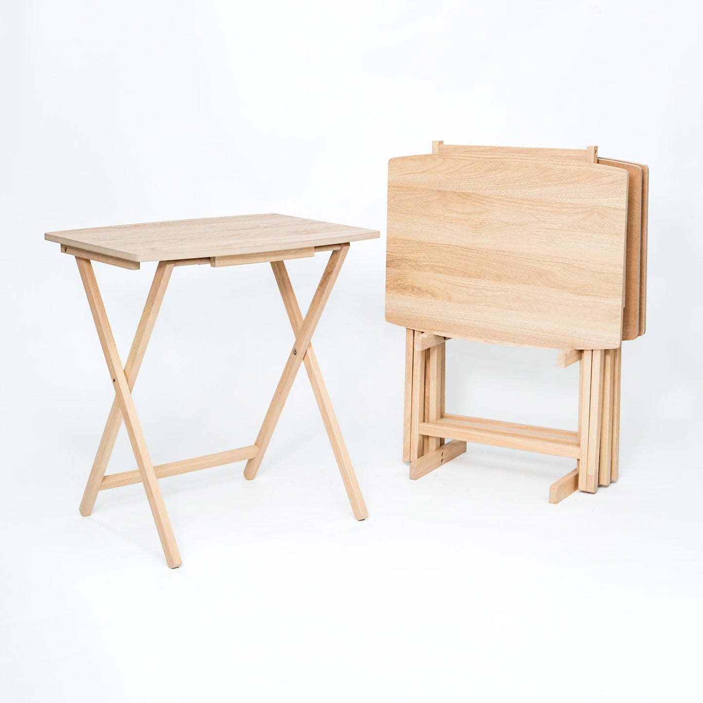 Mainstays XL Oversized 5-Piece Rubberwood Folding TV Tray Table Set of 4 with Storage Rack, Natural