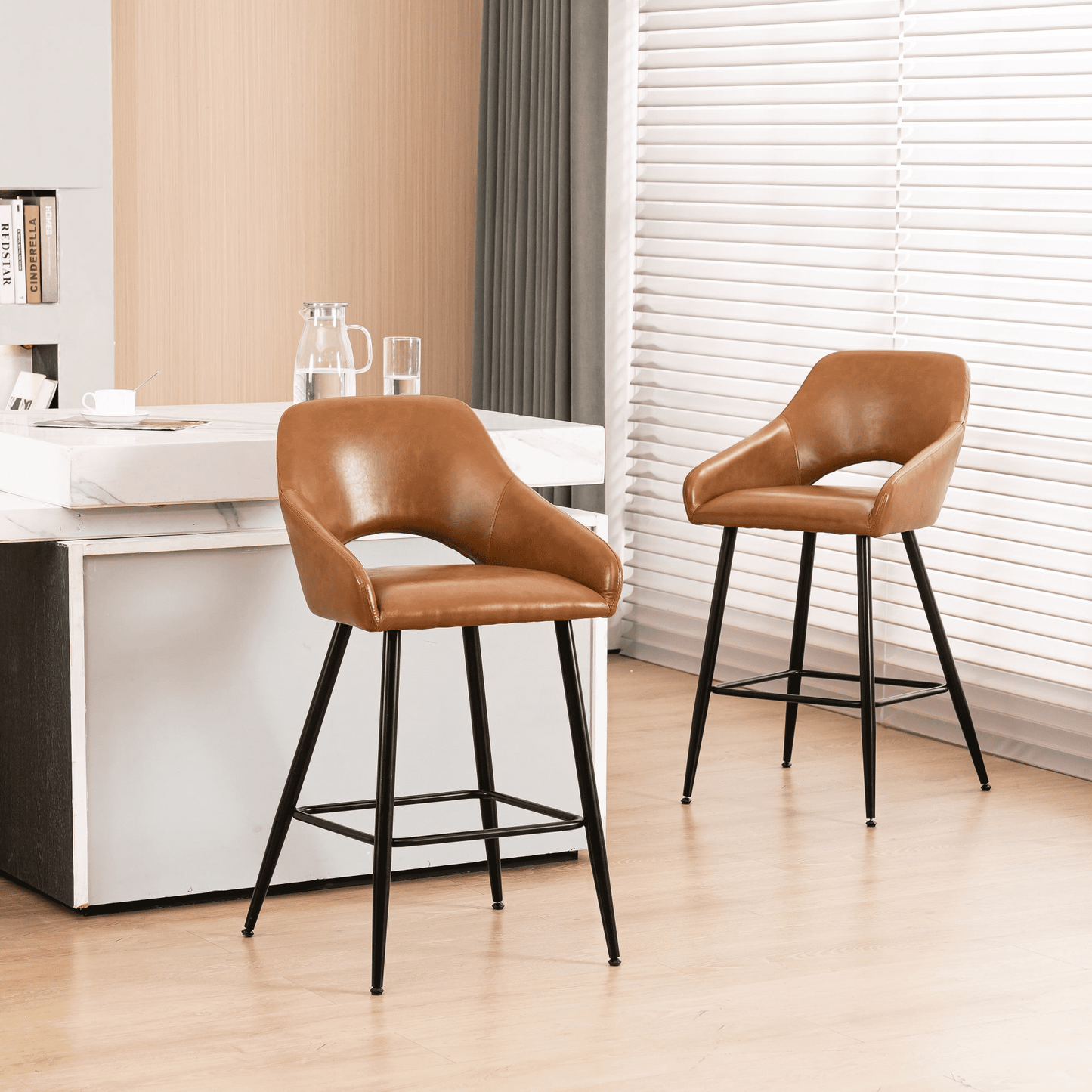 Mainstays Barstool Brown PU Leather Black Legs, 2 Pack
