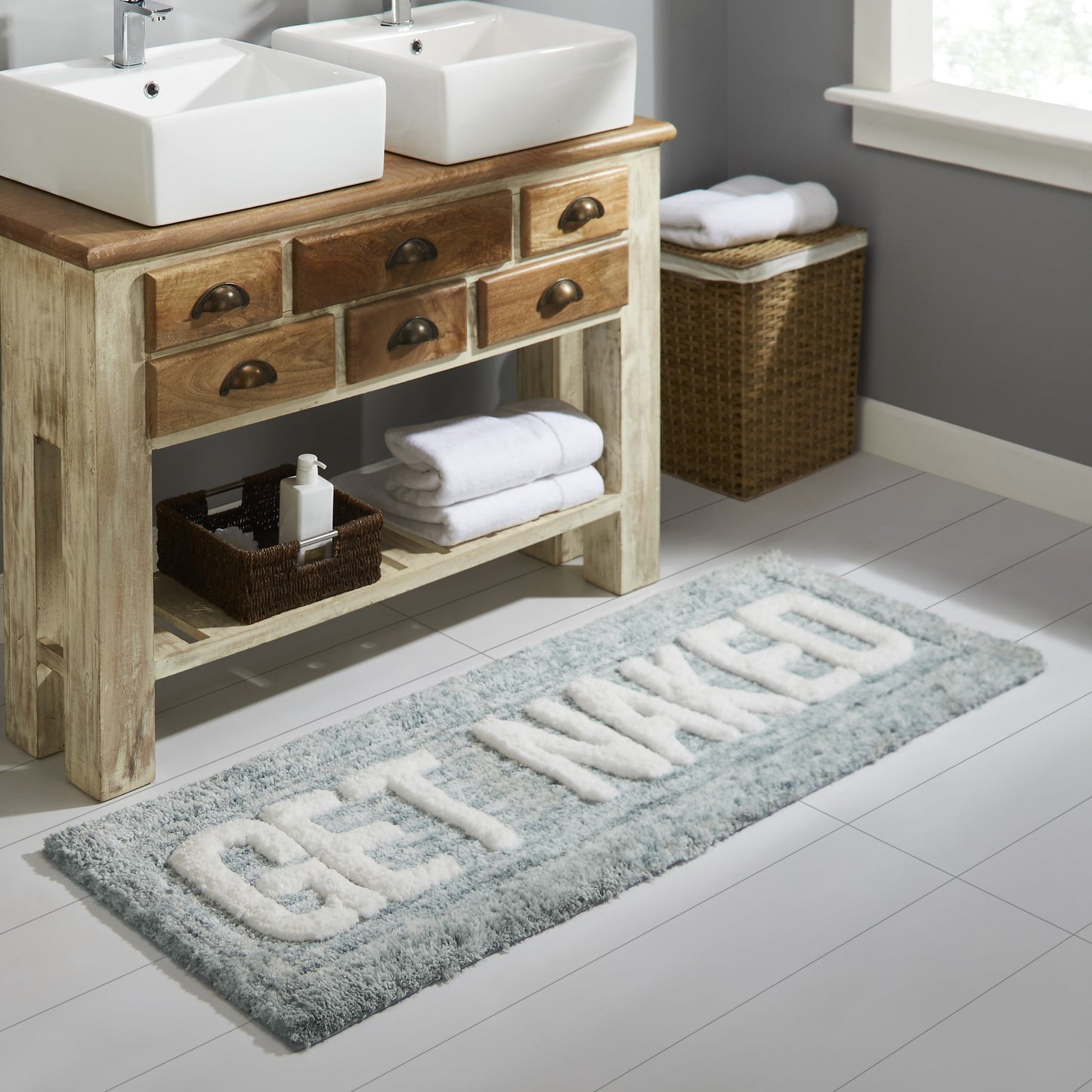 Mainstays Get Naked Typography Teal Polyester Bath Rug, 24" x 60â€