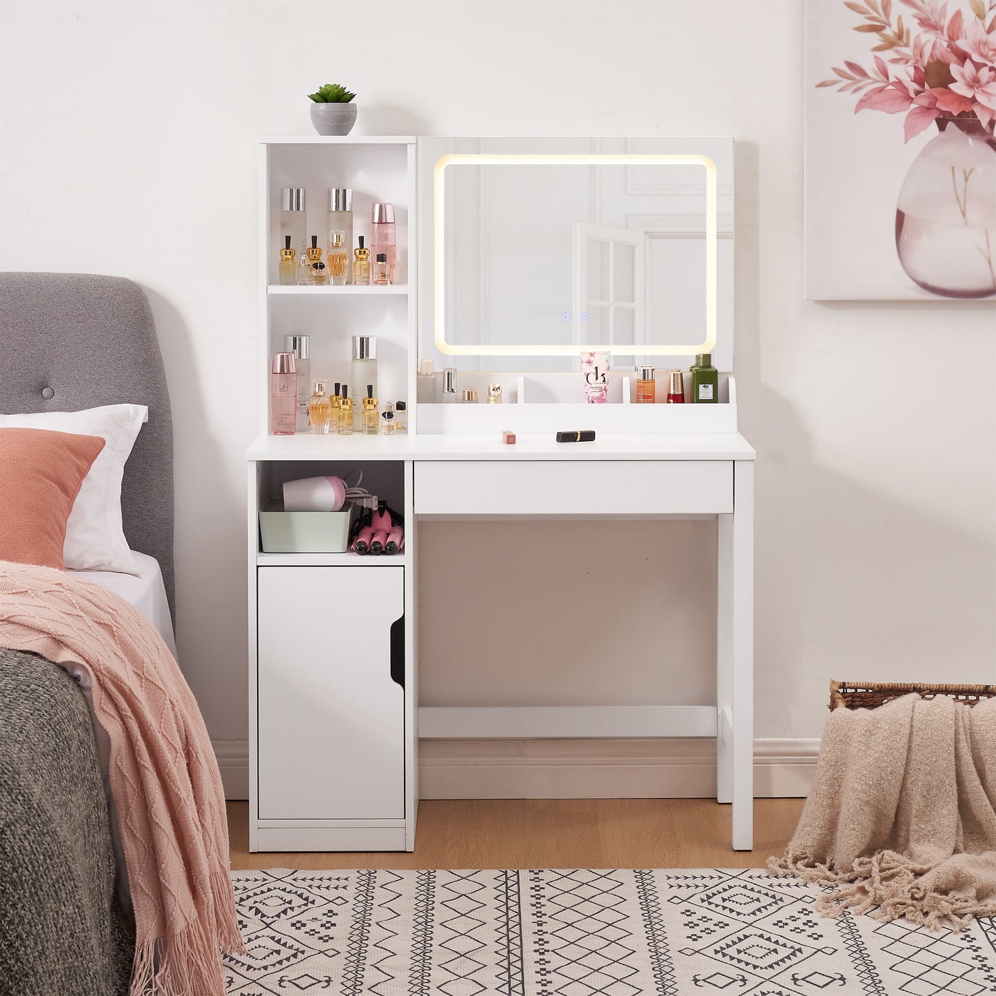 Mainstays Get Ready with Me GRWM Vanity Table with Lighted Mirror and Storage, White Finish