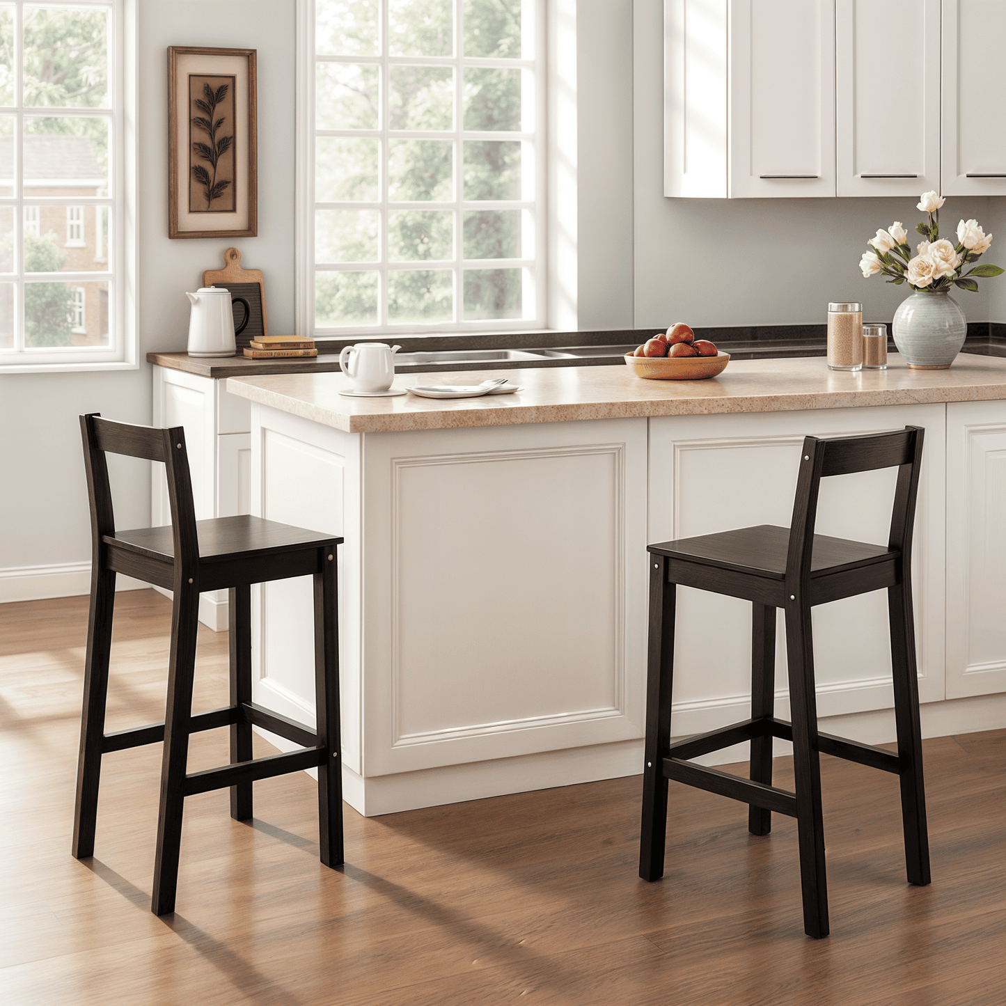 Mainstays Counter Height Wood Bar Stools with Back, Set of 2, Black