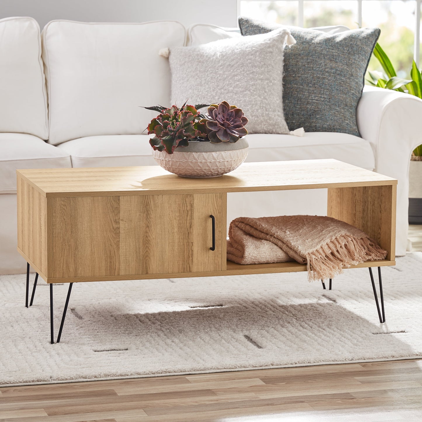 Mainstays Mesa de Centro Rectangular Moderna Hairpin, Roble