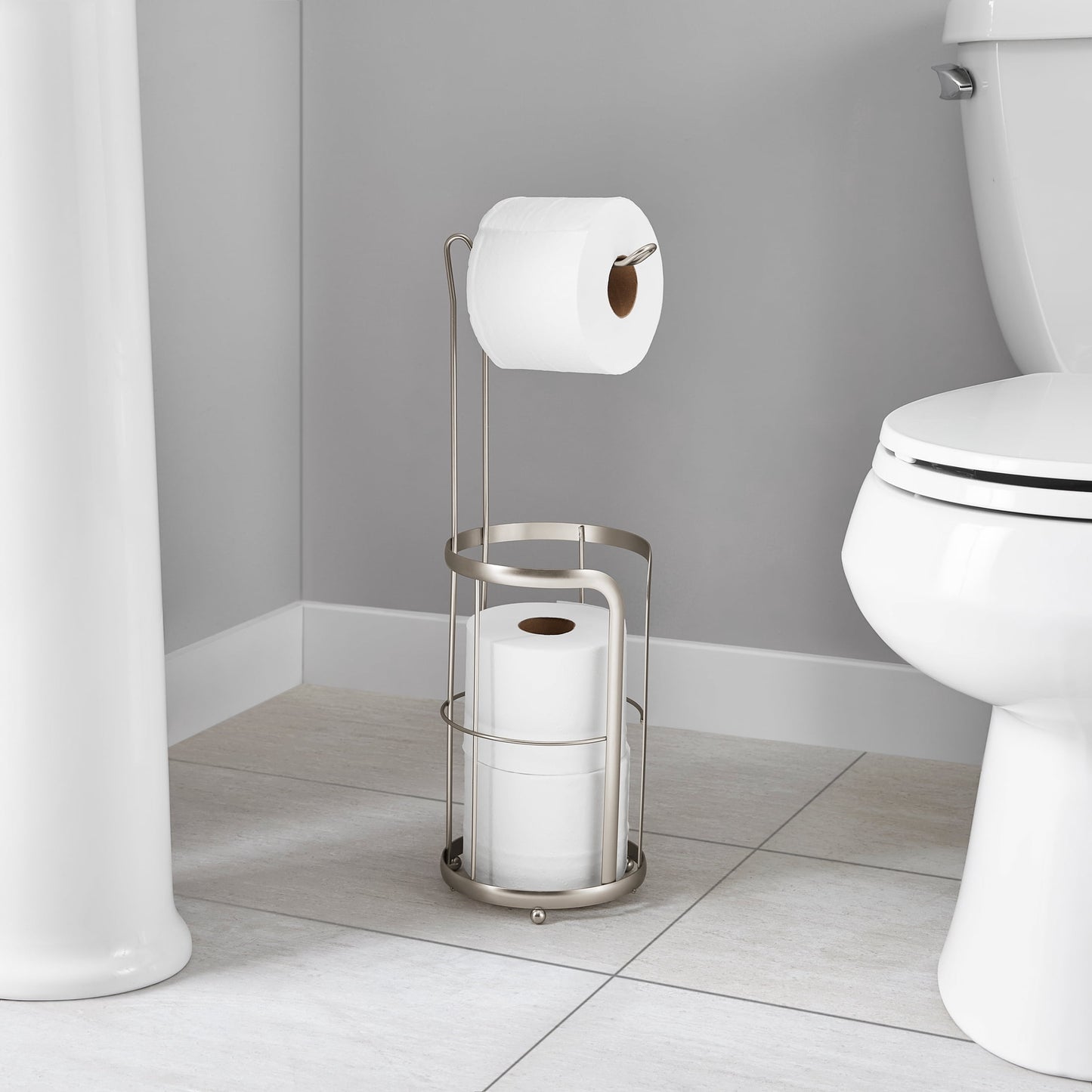 Mainstays Free Standing Satin Nickel Toilet Paper Holder and Roll Reserves Storage