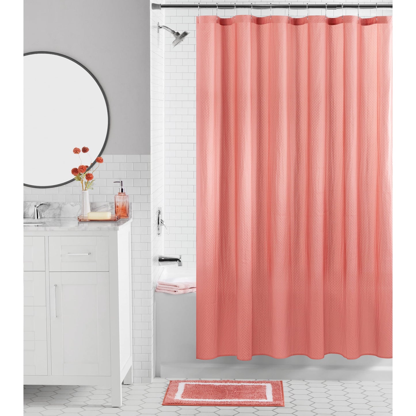 Mainstays 16-Piece Terracotta Textured Shower Curtain Bathroom Set – Fabric Curtain with Rug, Hooks, Soap Pump & Tray
