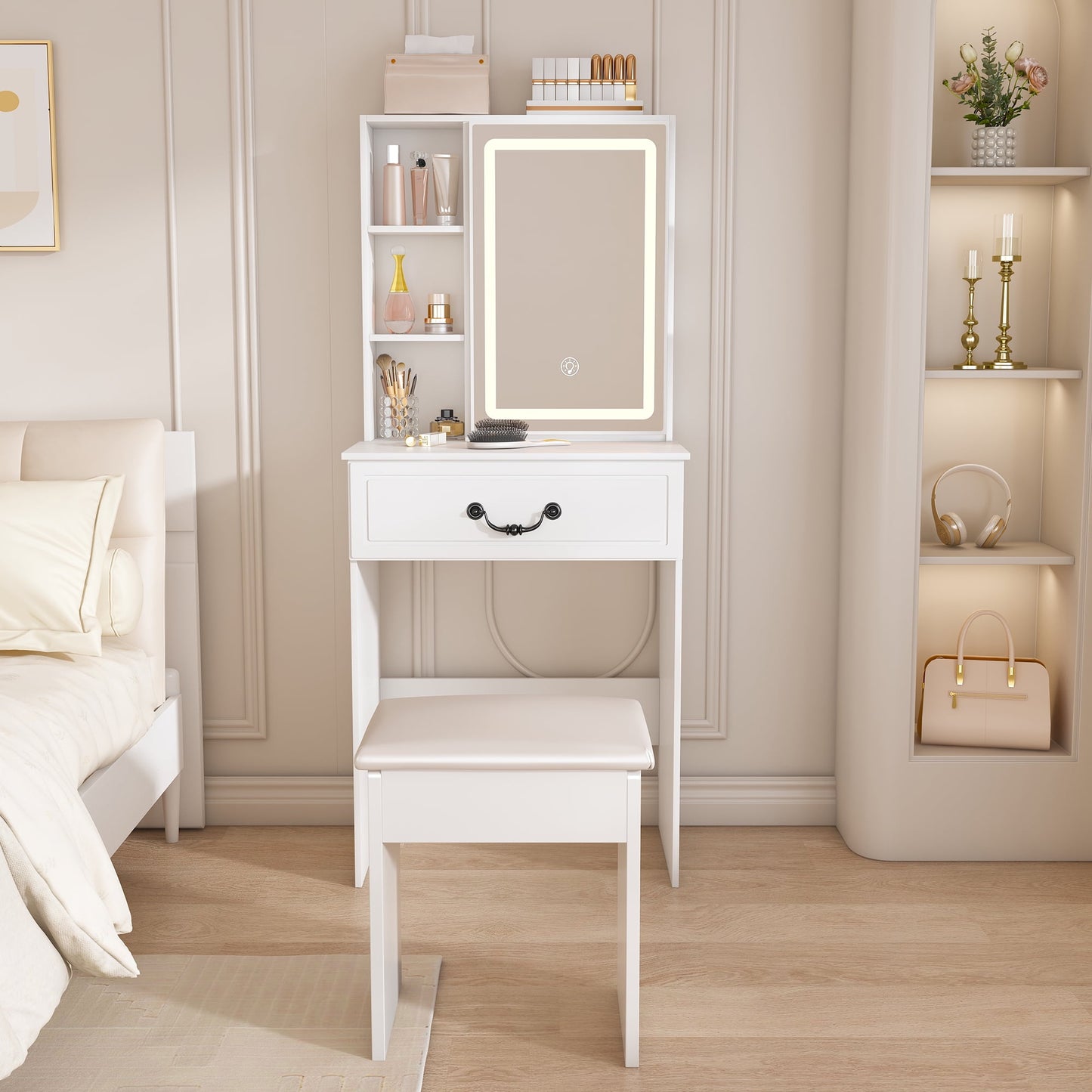 Makeup Vanity Desk with Mirror Adjustable LED Lights Dressing Table Hidden Storage Cabinet for Bedroom Living Room