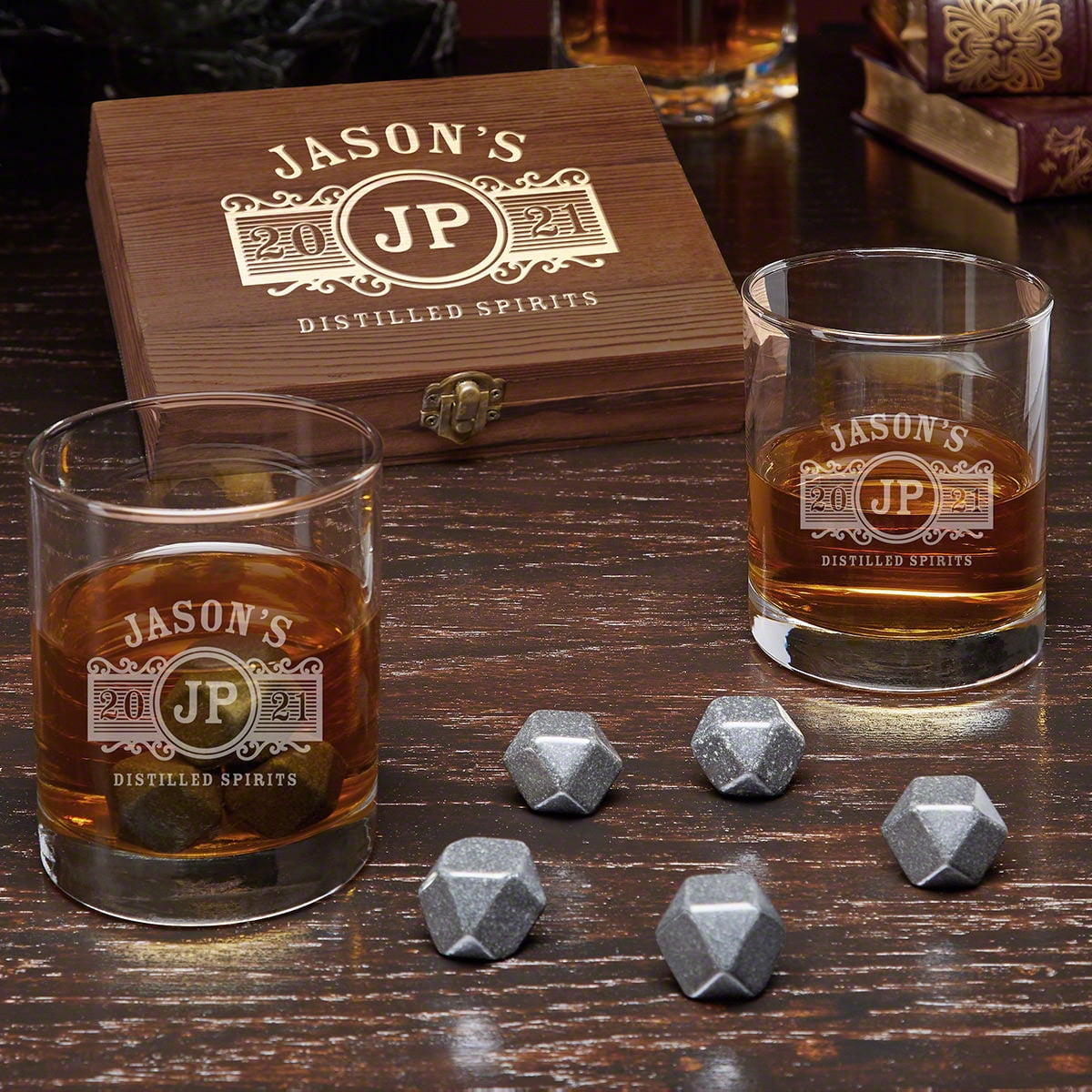 Marquee Custom Black Onyx Whiskey Stones Set with Eastham Glasses