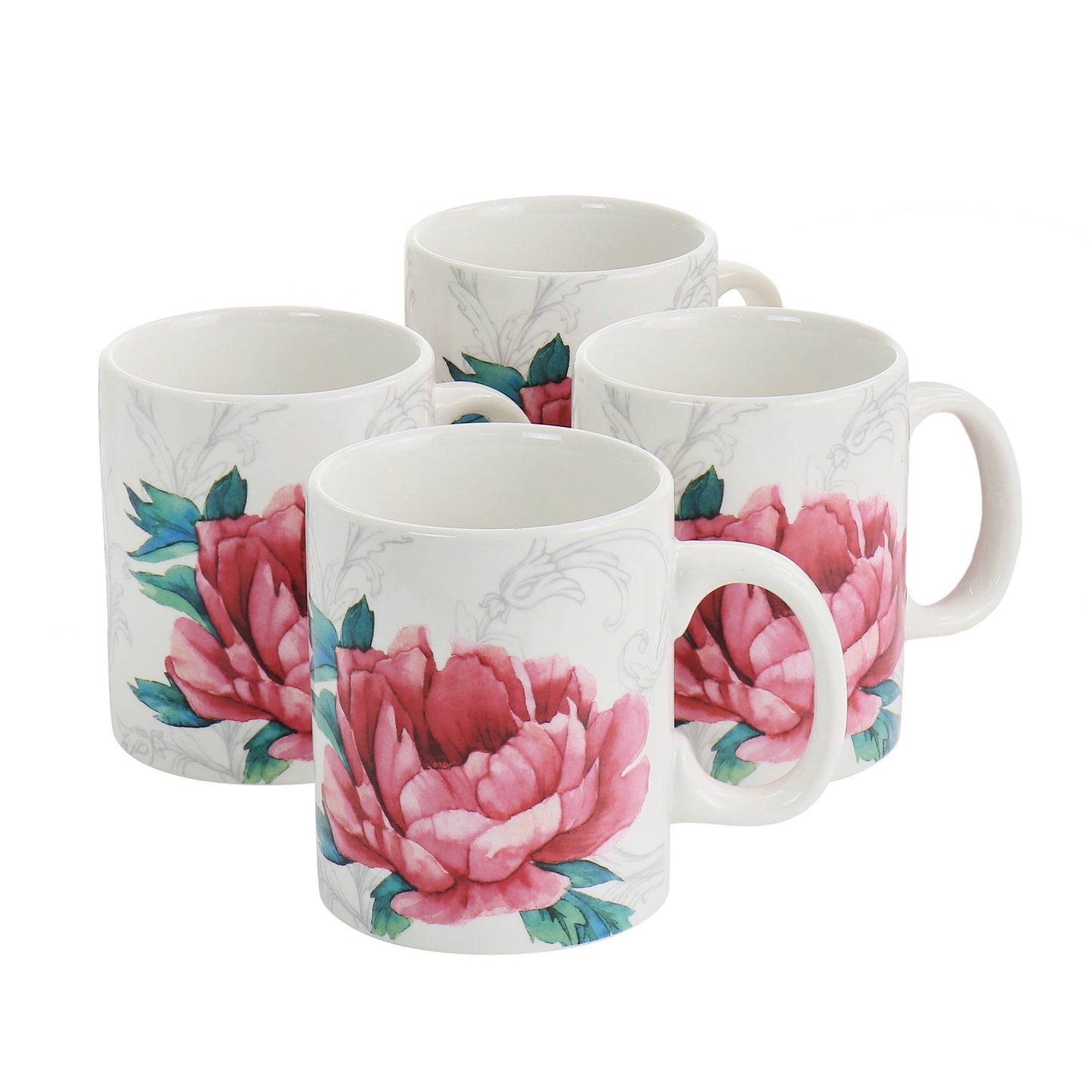 Martha Stewart Everyday Peony 4 Piece 16 Ounce Fine Ceramic Mug Set in White and Pink