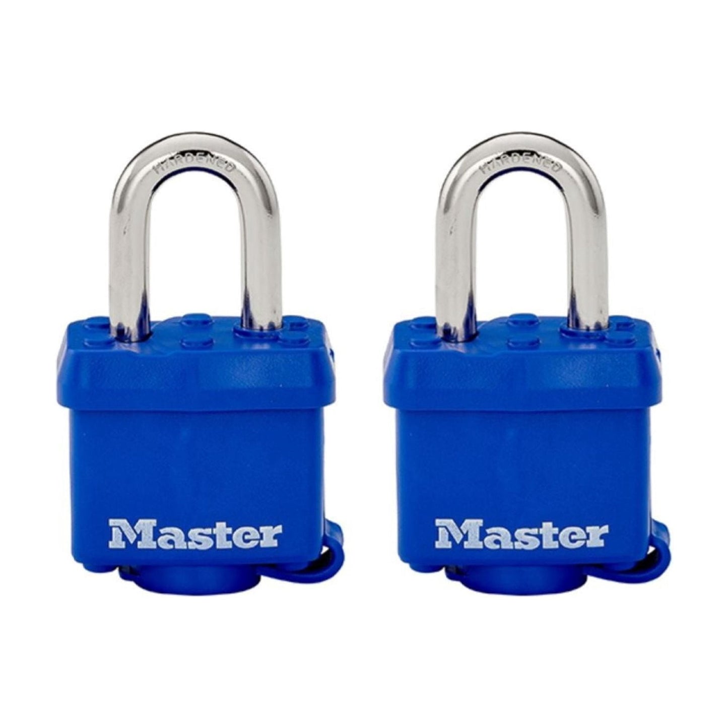 Master Lock 1-9/16in (40mm) Wide Covered Laminated Steel Pin Tumbler Padlock; Blue; 2-pack
