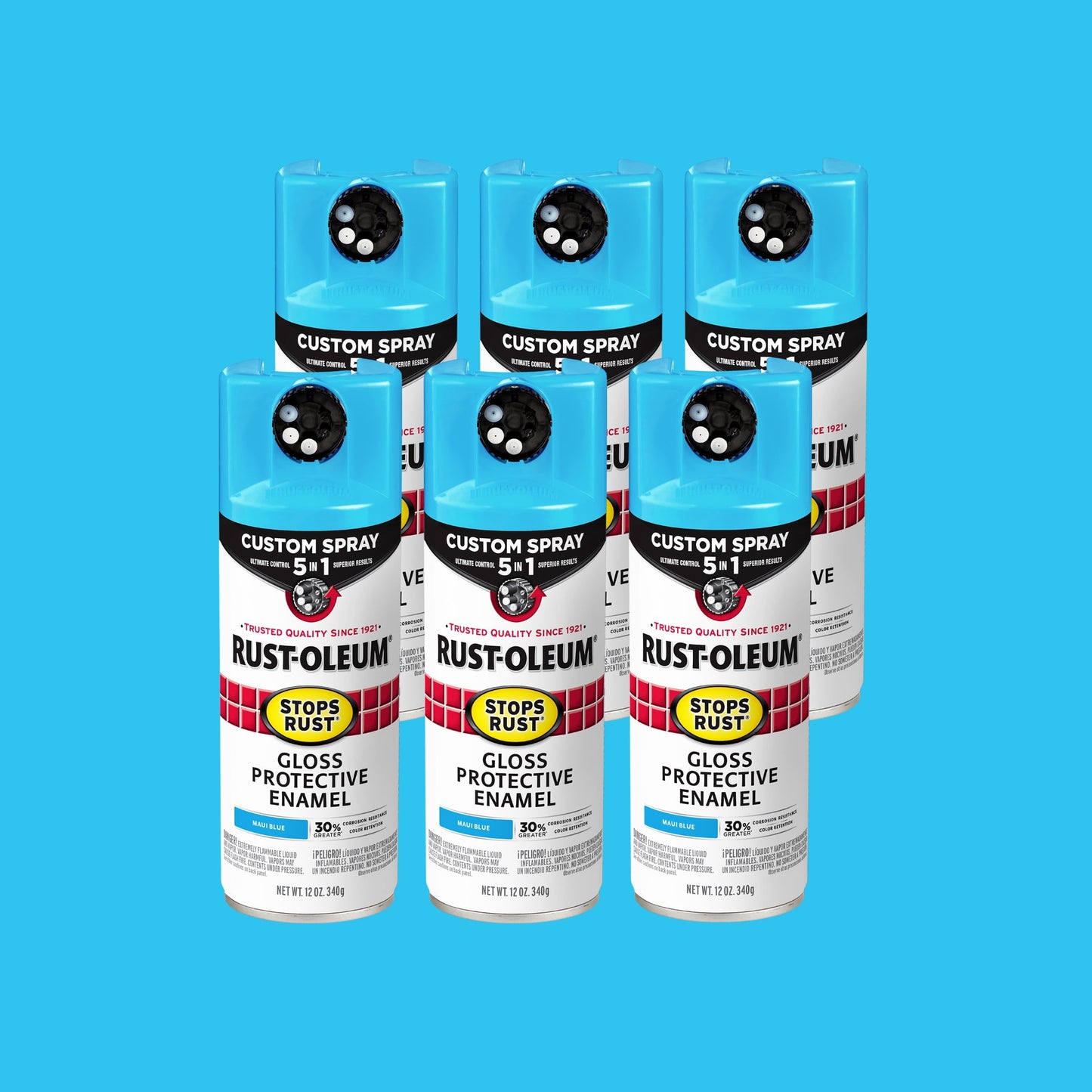 6 Pack, Maui Blue, Rust-Oleum Stops Rust Custom Spray 5 in 1 Gloss Spray Paint-376907, 12 oz