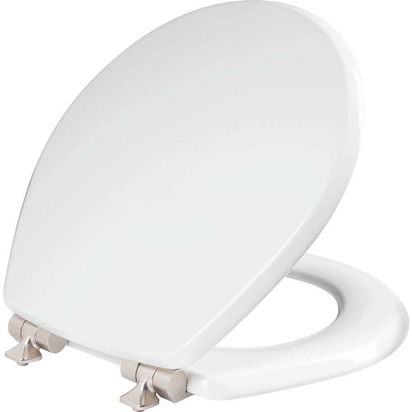 Mayfair Benton® Round Enameled Wood Toilet Seat in White Never Loosens and Soft Close Crushed Nickel Hinge