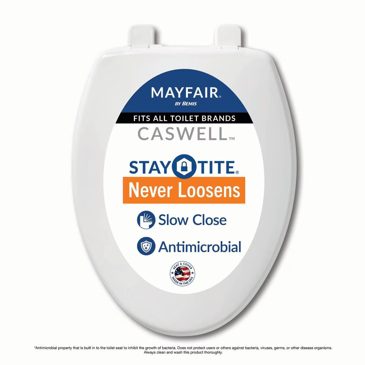 Mayfair Caswellâ„¢ Slow Close Elongated Plastic Toilet Seat in White Never Loosens